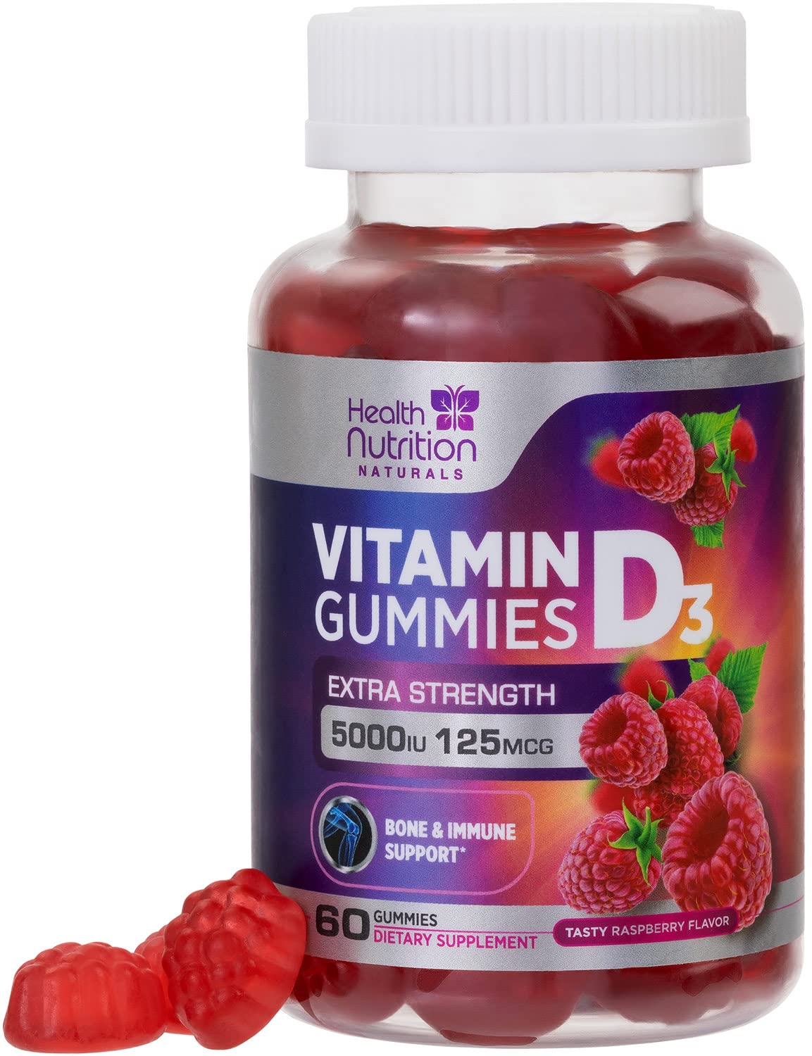 Vitamin D3 Gummies 5000 IU - Tasty Raspberry Natural Immune Support, Highly Concentrated Vitamin D Gummy to Support Bone H...