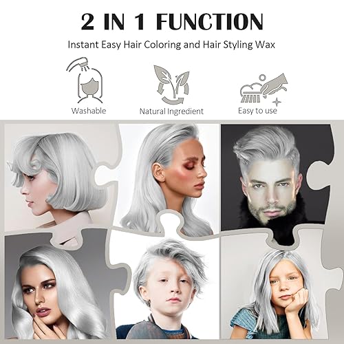 Miniatura 3 de Cera temporal de color blanco plateado para el cabello, 4.23 onzas, tinte en crema para peinado natural instantáneo, pomadas lavables, barro de
