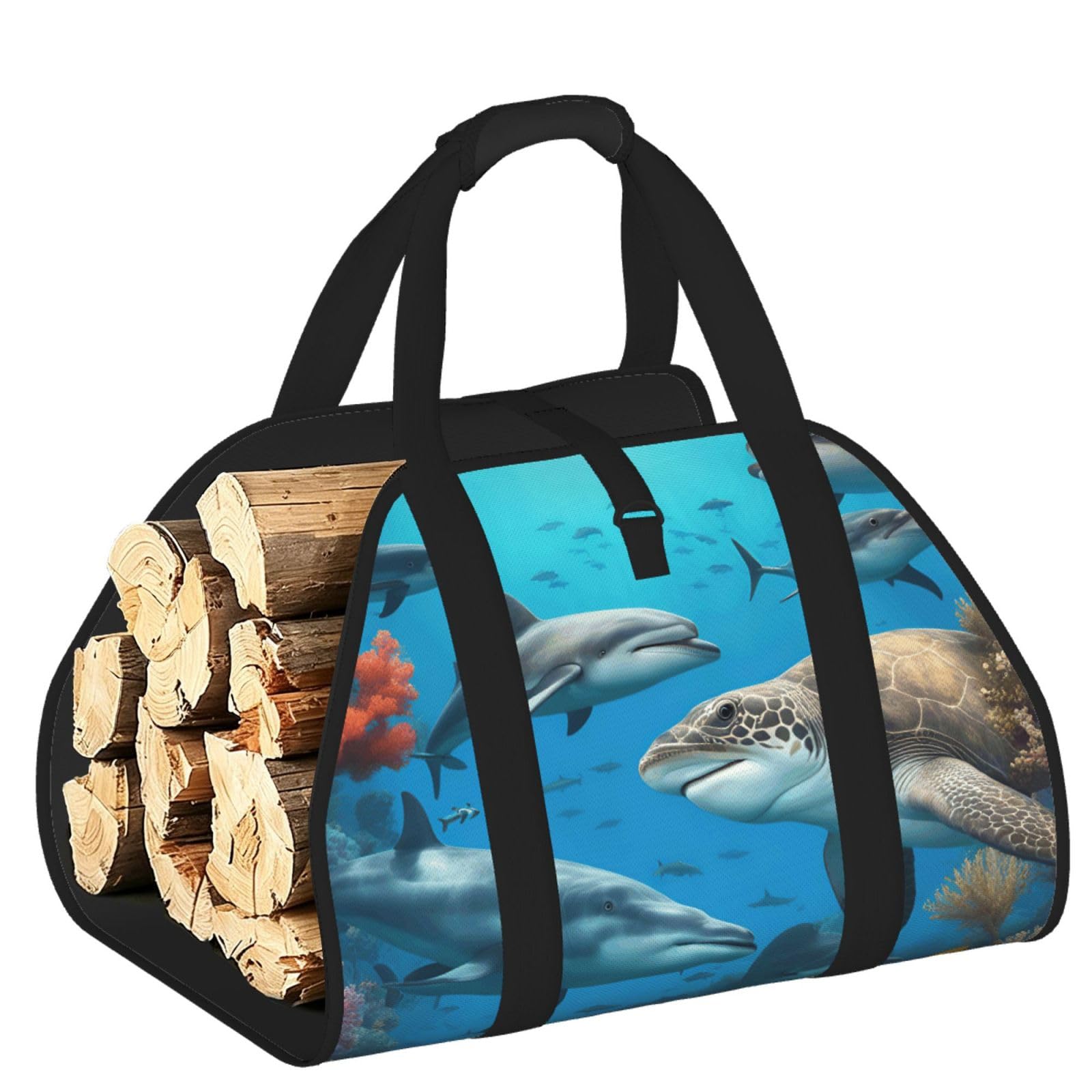 Ayyqwe Black Dolphins Sea Turtle Shark Octopus Coral Reef Print Firewood Bag Wood Waterproof Versatile Camping Picnic Storage Daily Home