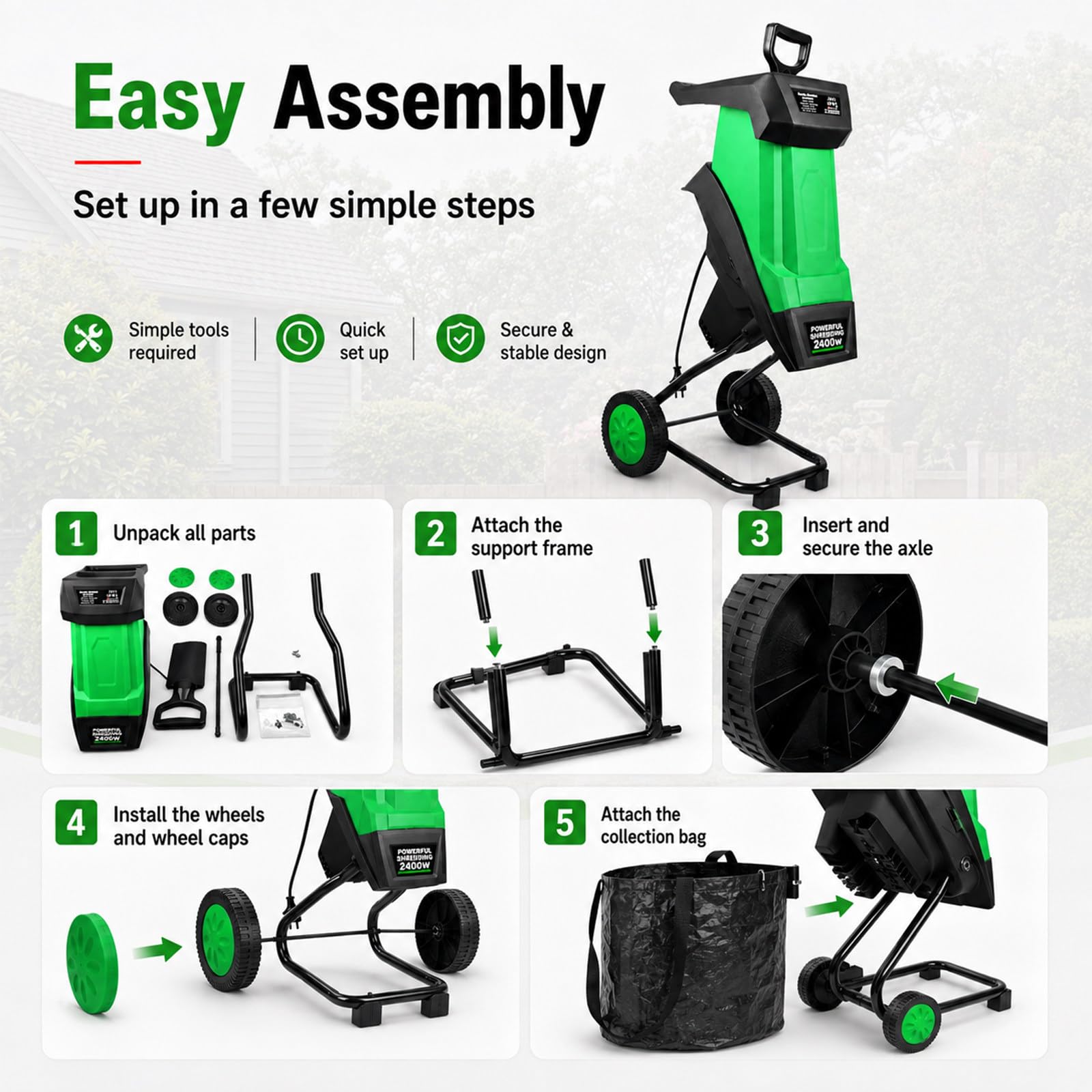 Biotrituradora Eléctrica de Jardín y Madera, Bolsa de Recolección 50 L, Potente Trituradora de Hojas, Capacidad de Corte 40 mm, Motor 4500 RPM, para Hojas, Ramas, Restos y Residuos