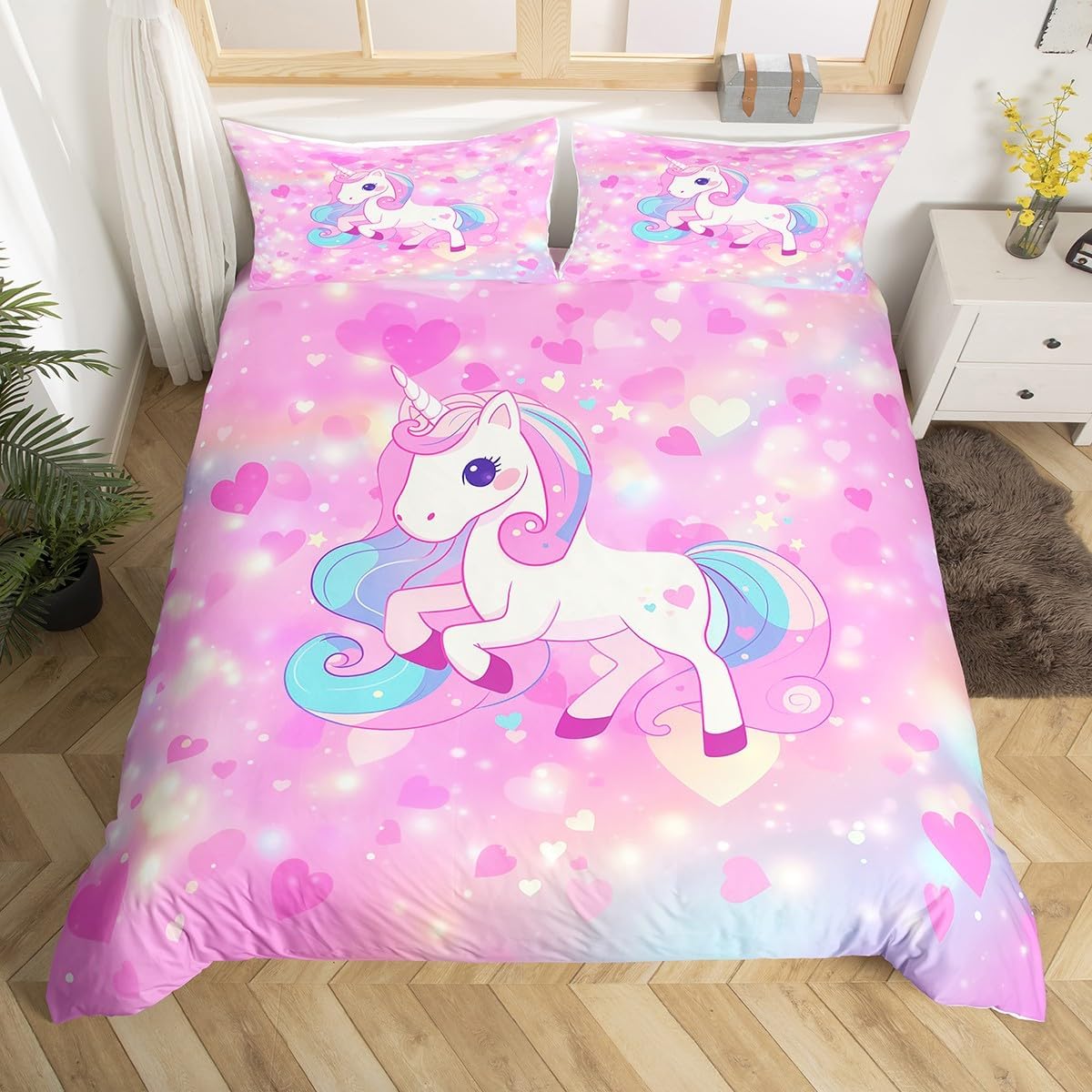 jejeloiu Girls Unicorn Bedding Set Toddler Size Kids Cute Purple Unicorn Comforter Cover for Boys Girls Teens Kawaii Duvet Cover Soft Microfiber,No Comforter