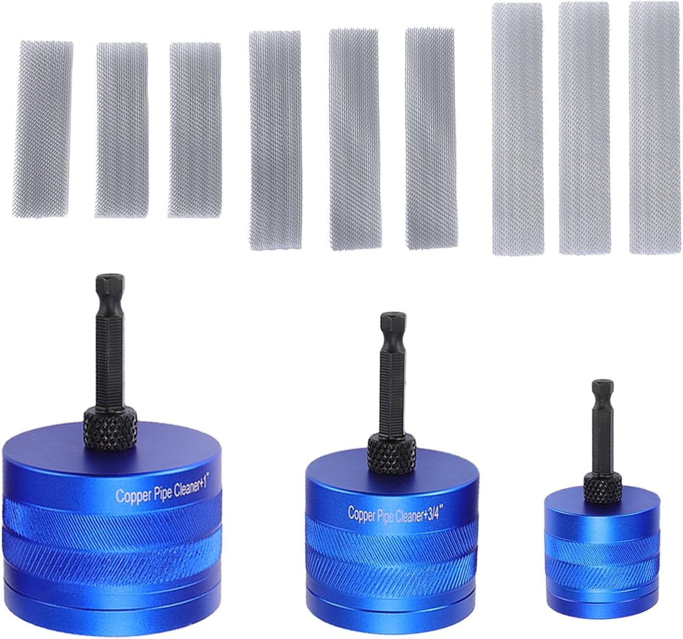 Diydeg Copper Pipe Cleaner Set, 3Pcs 1/2in 3/4in 1in Metal Plumbing Tools Kit for Paint Removal and Polishing, with 1/4in Hex Shank and 9Pcs Brushes Replacement