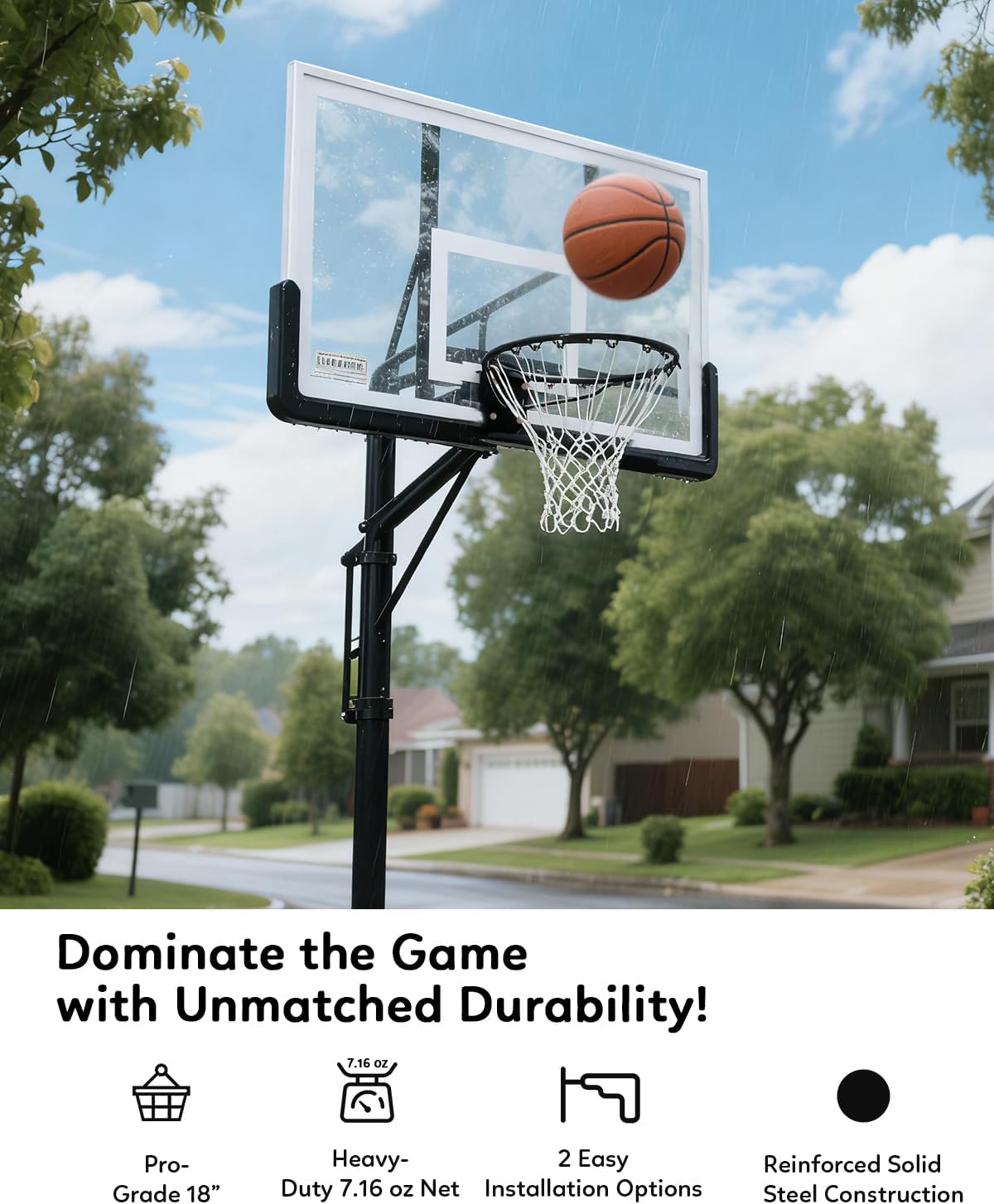 heavy duty replacement basketball rim - 18" solid steel with heavy-duty net, pro-grade basketball hoop rim, wall-mount & hoop replacement, double spring basketball hoop rim & complete installation kit black