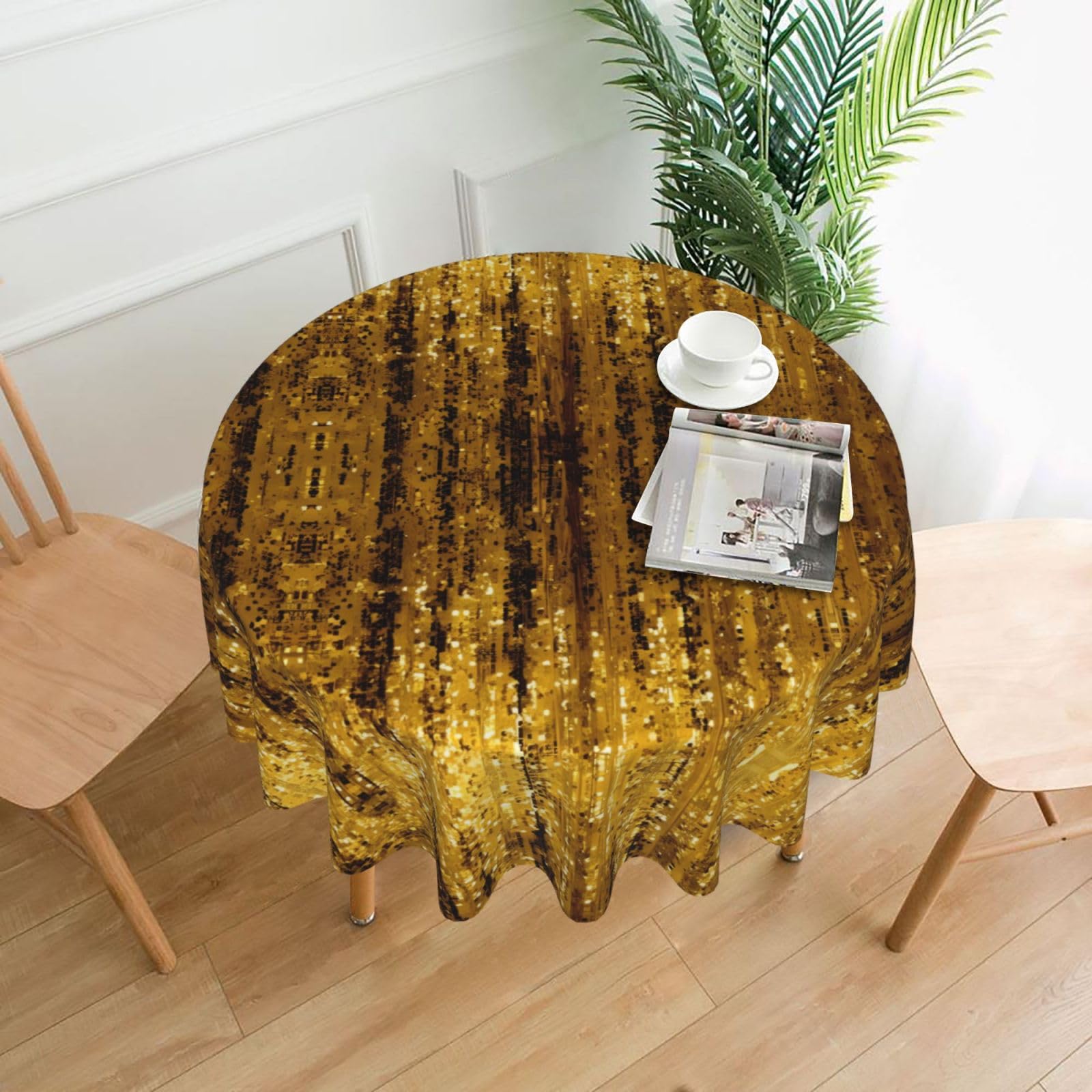 ZHAOUR Gold Sequin Sparkle Print Round Washable Tablecloth – Table Cover
