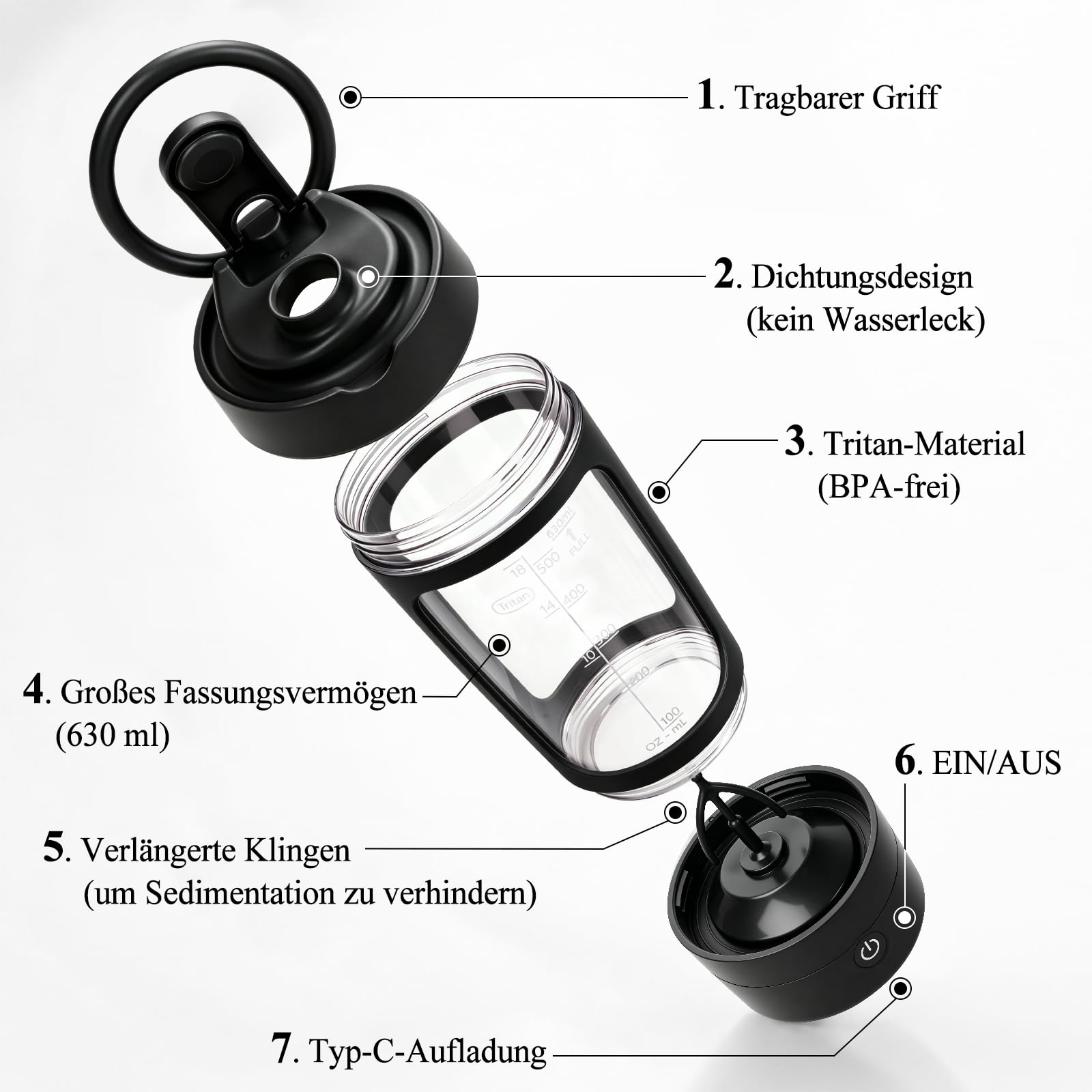 Shaker elettrico da 630 ml, shaker per proteine con scomparto per la polvere, shaker elettrico per proteine con base motore rimovibile, ricaricabile tramite USB-C, a prova di perdite e senza BPA, per