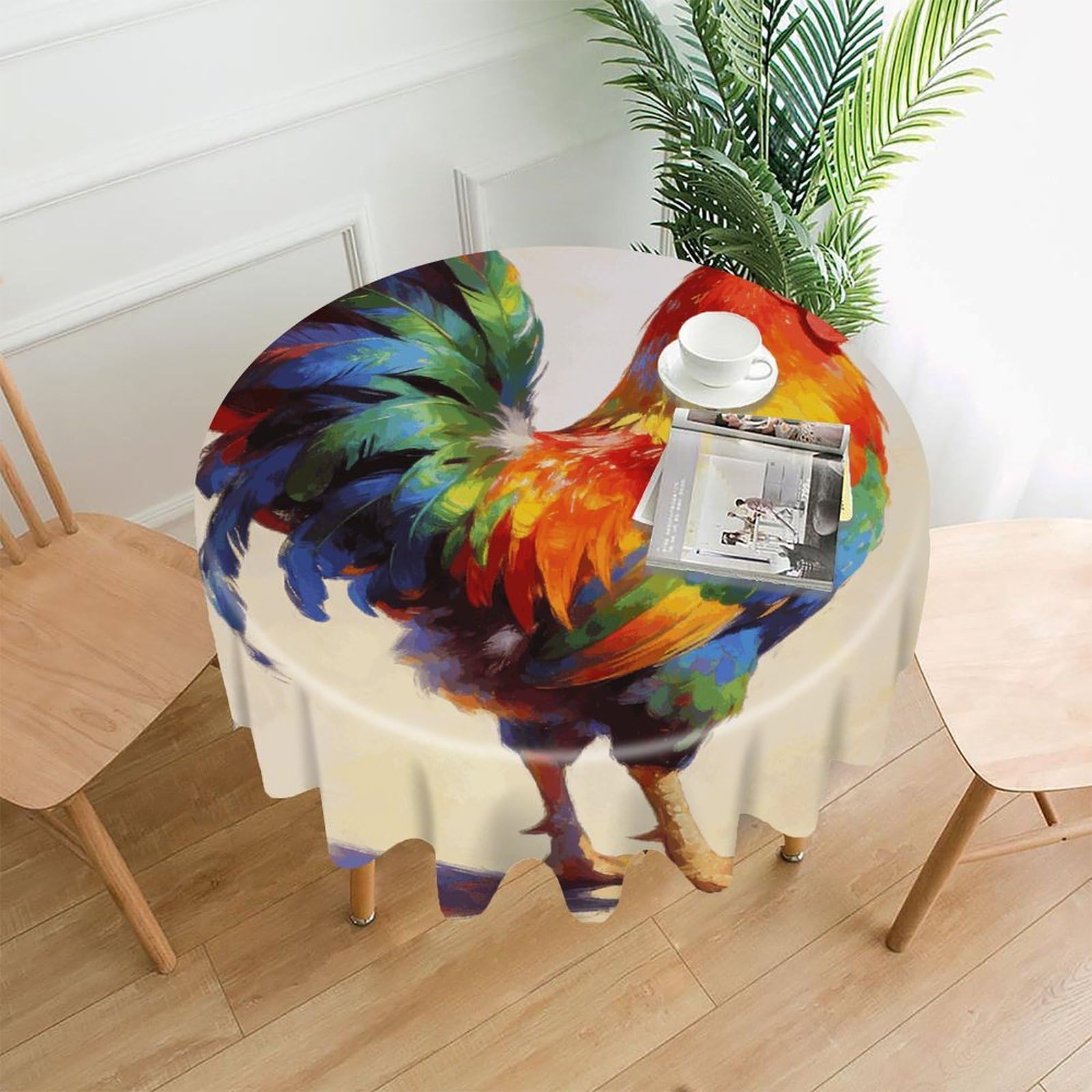 LZQPOEAS Colorful Rooster Tablecloth Easy to Clean Polyester Round Table Cover Washable Round Table Cloth Wrinkle-Free Circle Decoration Tablecloth for Kitchen and Dining Room 60"