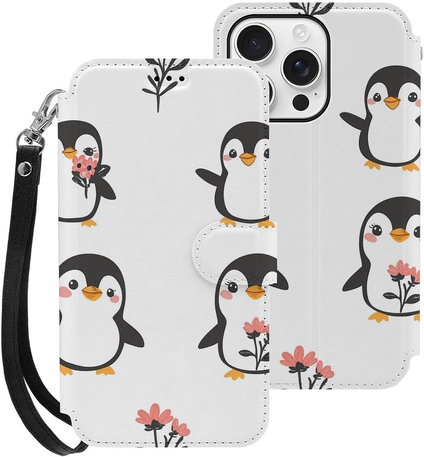 Penguins and Wild Flowers Compatible with iPhone 16/16 Plus/16 Pro/16 Pro Max/16 E Case Phone Wallet Card Holder Flip Cover with Wrist Strap