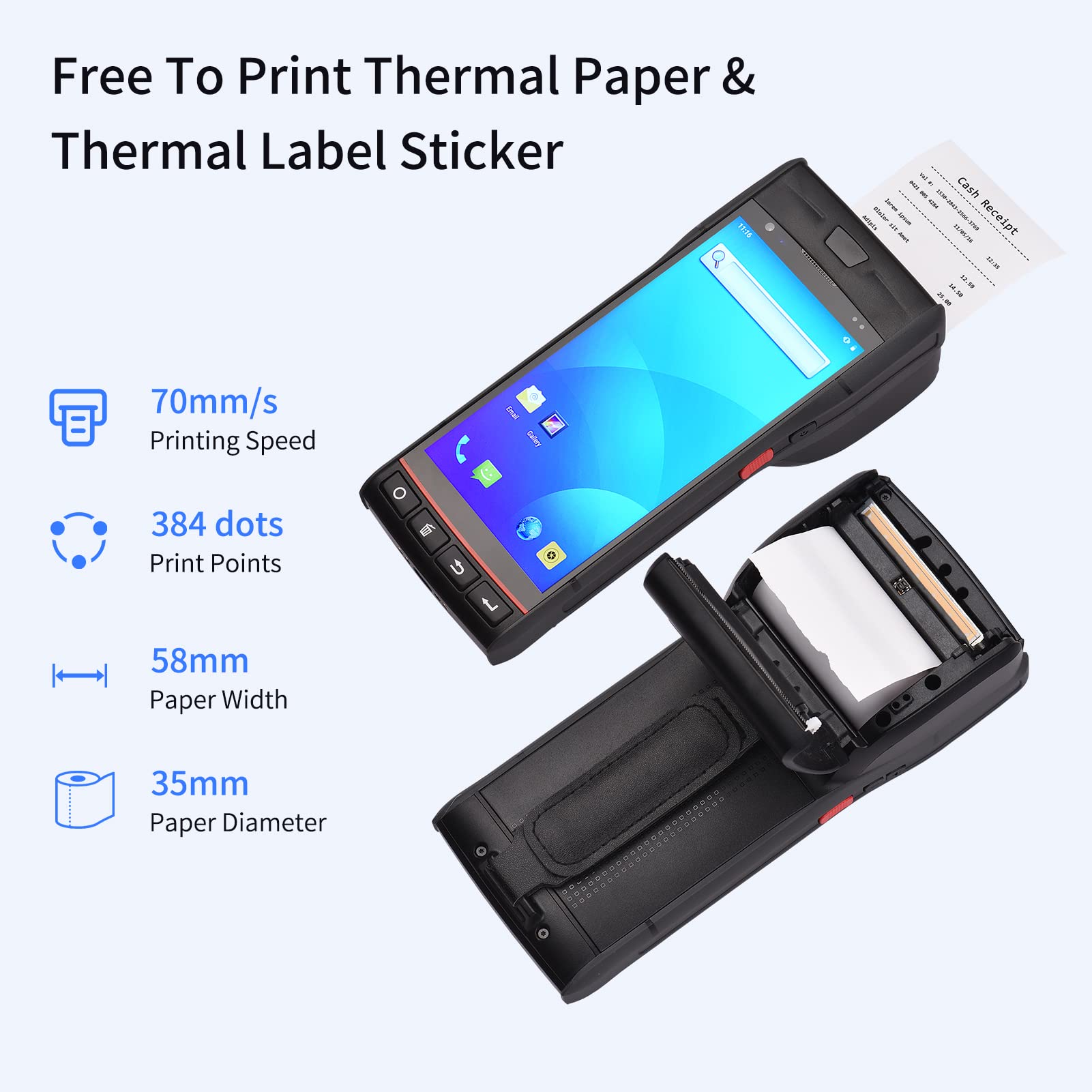 Terminal de Poste de Mano con Impresora Android 9.0 PDA para el Almacén de Restaurantes de Supermercados (Black with scanner function) (Black without scanner function)