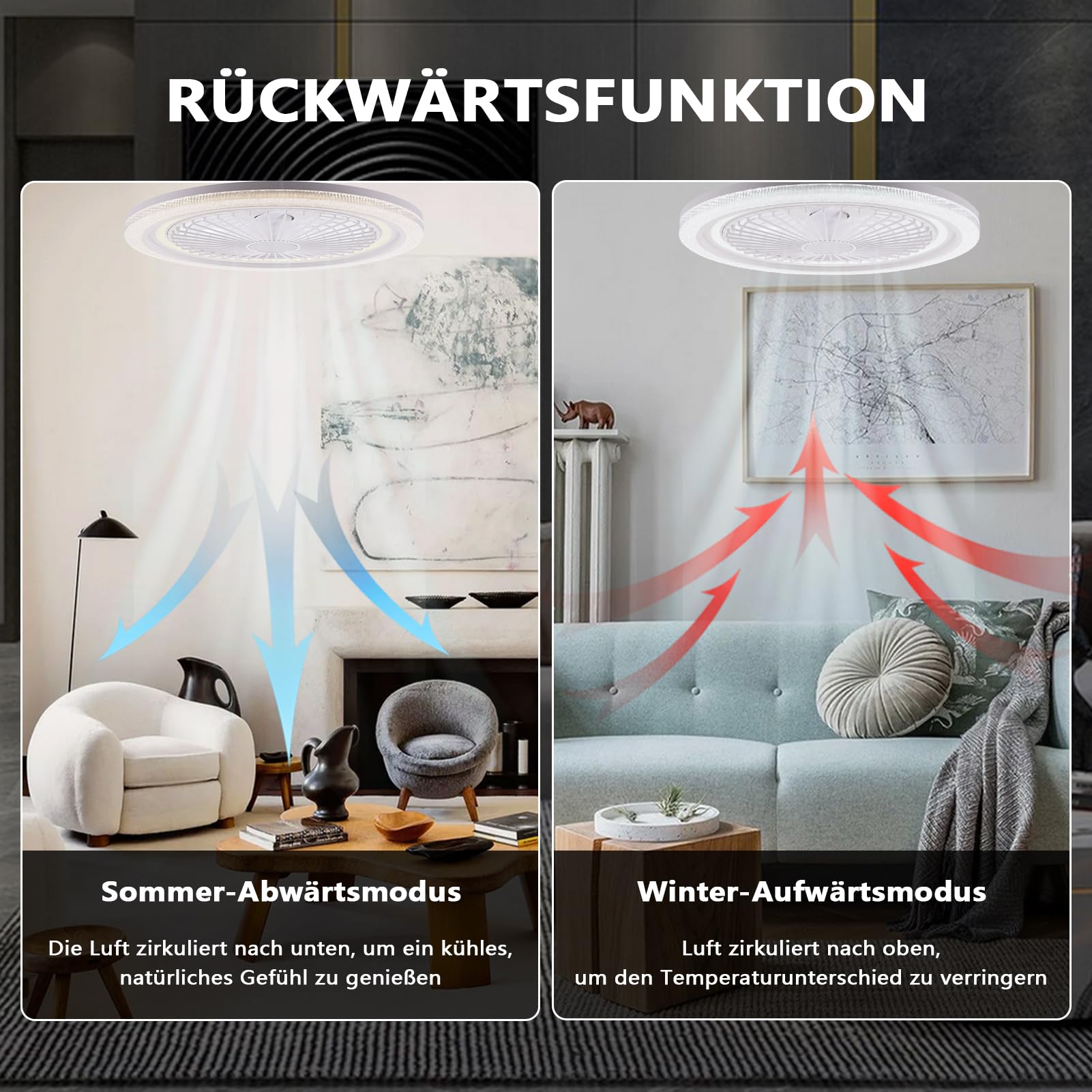 LED Deckenleuchte mit Ventilator,70W Deckenventilator mit Beleuchtung und Fernbedienung Leise & APP,3000-6500K 6 Geschwindigkeiten Lampe mit Leise Ventilator für Wohnzimmer Schlafzimmer,Ø50cm