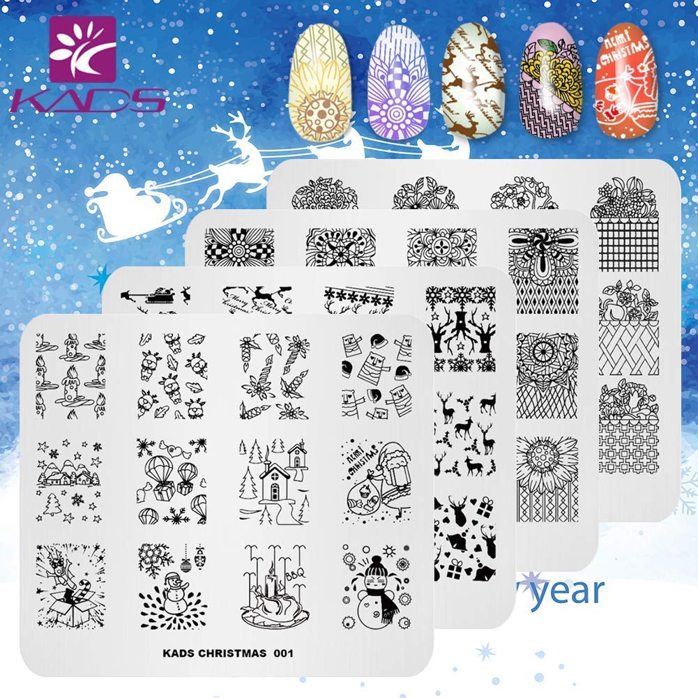 KADS Nagel-Stamping Platten Set – 4 Stück, Weihnachts- Und Blumenmotive