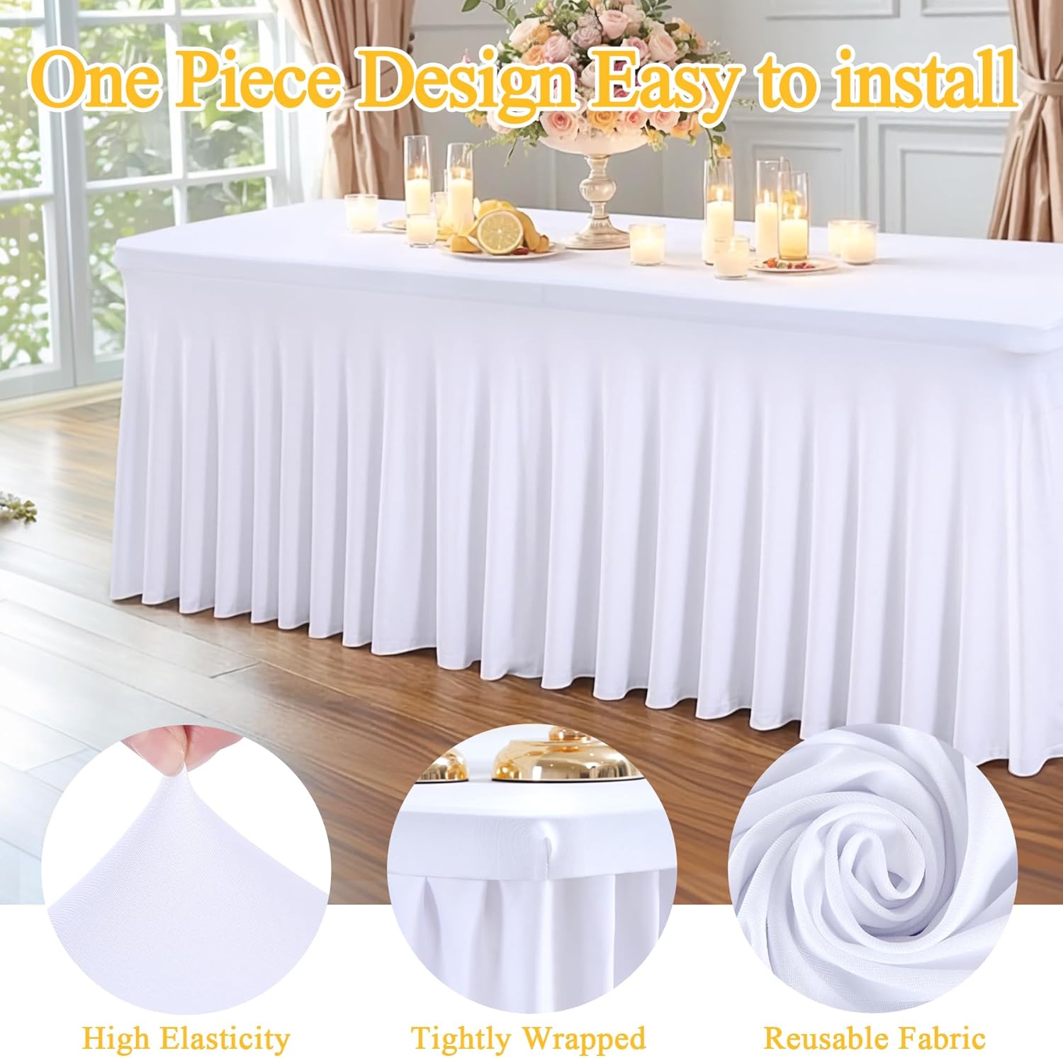 2 Packs White Spandex Table Covers 6 Foot, Fitted Stretch Table Cloth with Skirts 72x30 Inch, Wrinkle-Free Floor Length Rectangle Tablecloths for Weddings Parties Banquets Events