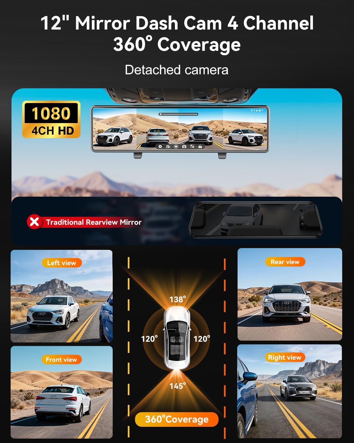 Rear View Mirror Camera,4 Channel Mirror Dash Cam Front and Rear Inside,12" Touch Screen Dash Cam, Backup Camera for Car, 7/24 Parking Monitor,Included Free 128GB SD Card