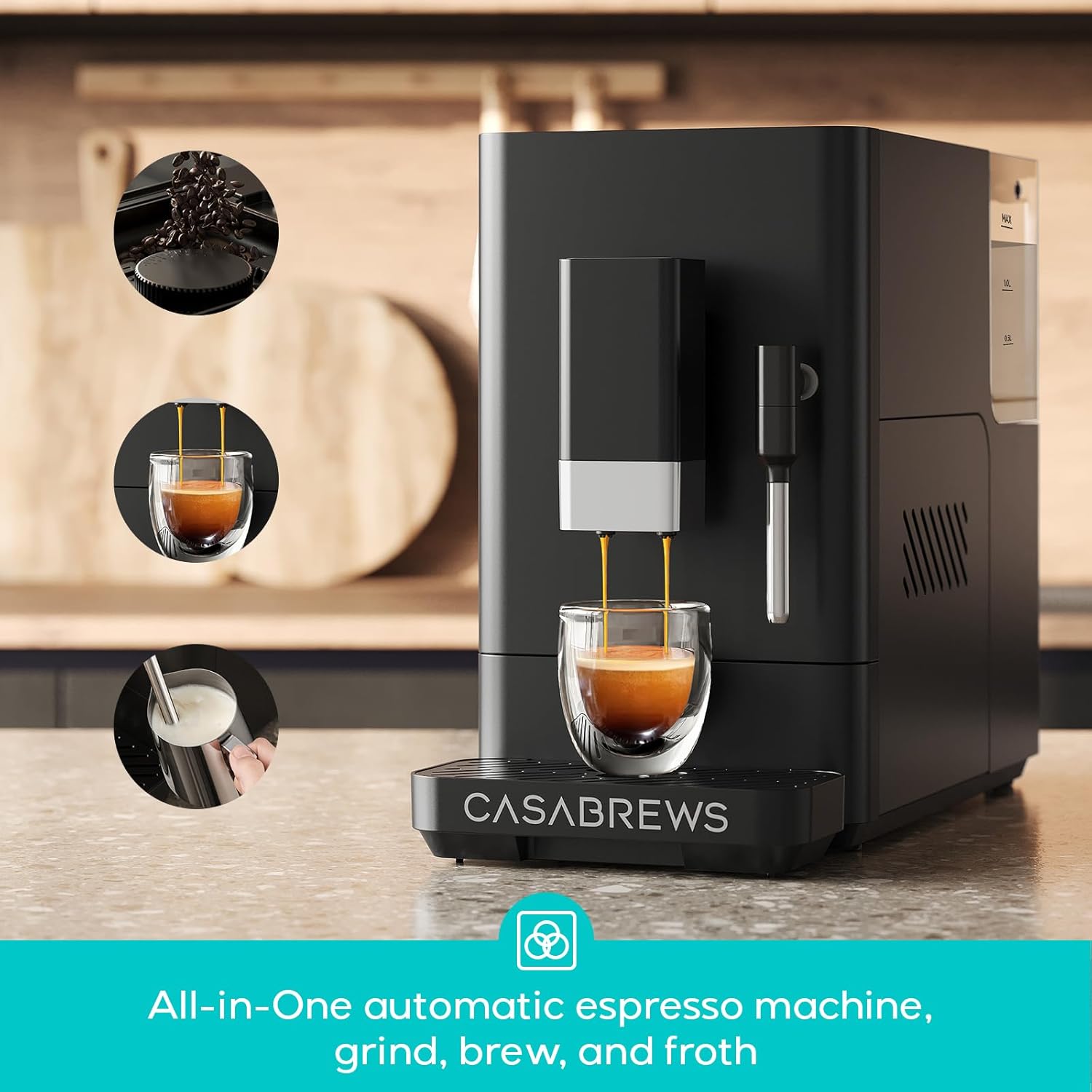 CASABREWS ACAFE Automatic Espresso Machine, 20bar Coffee Maker with Grinder and Milk Frother, Cappuccino Machines for Home or Office, All-in-One Grind and Brew Coffee Maker, Customizable Coffee Volume