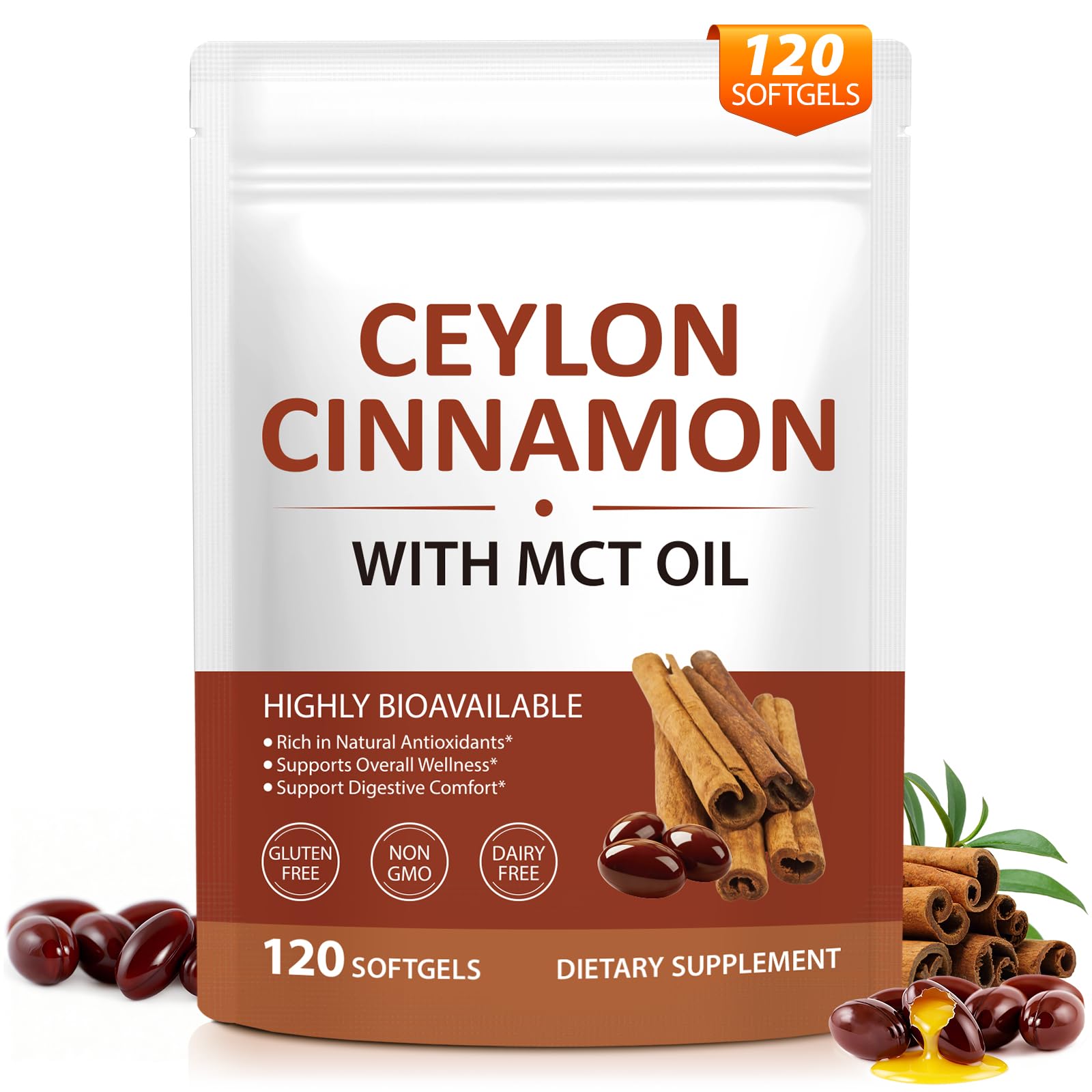 laraspi Suplemento de Canela-do-Ceilão com óleo MCT, 600 mg, 120 cápsulas softgel