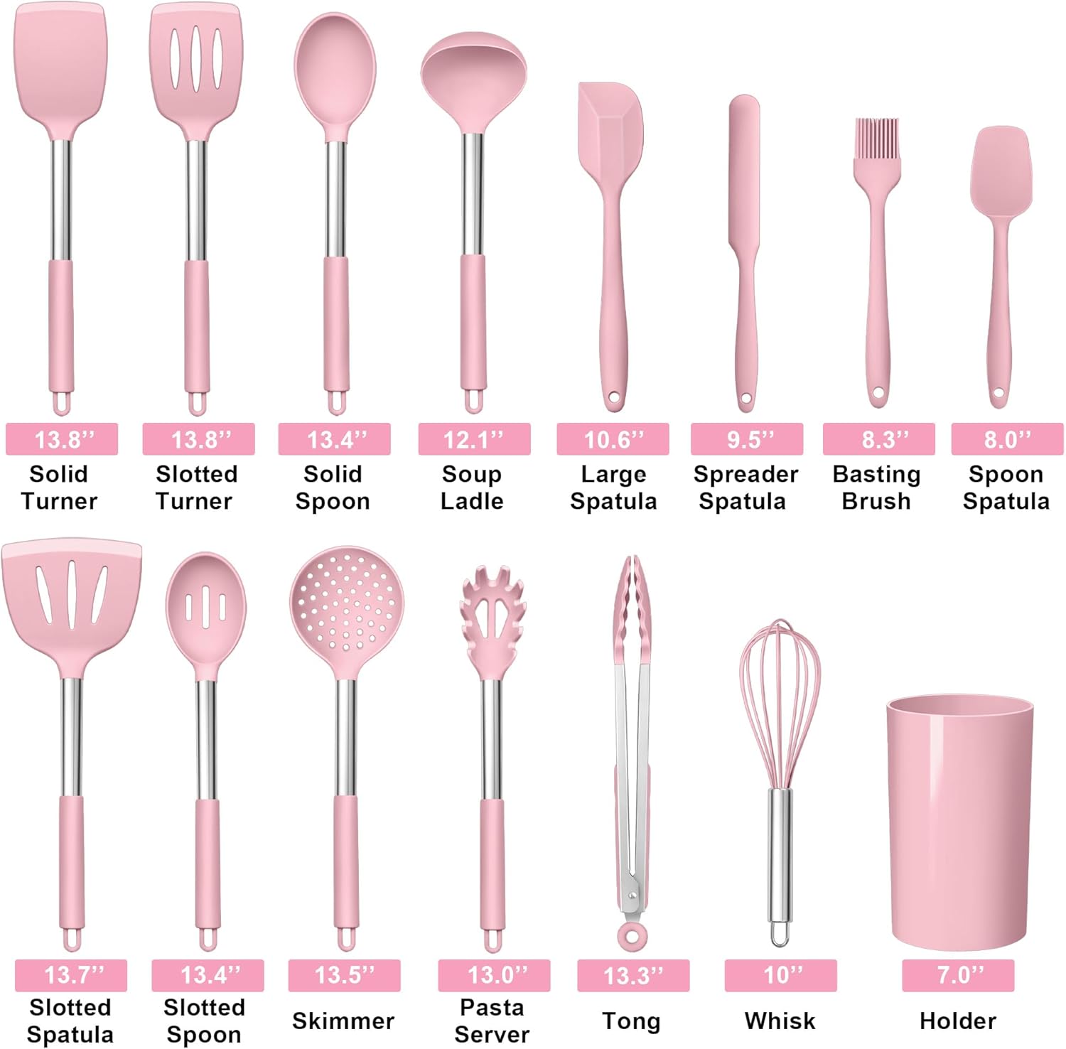 LIANYU 15 Piece Cooking Utensils Set with Stainless Steel Handle, Silicone Kitchen Gadgets with Holder, Heat Resistant Spatula Spoon Turner Tong Whisk Brush Tools for Cooking, Dishwasher Safe, Pink