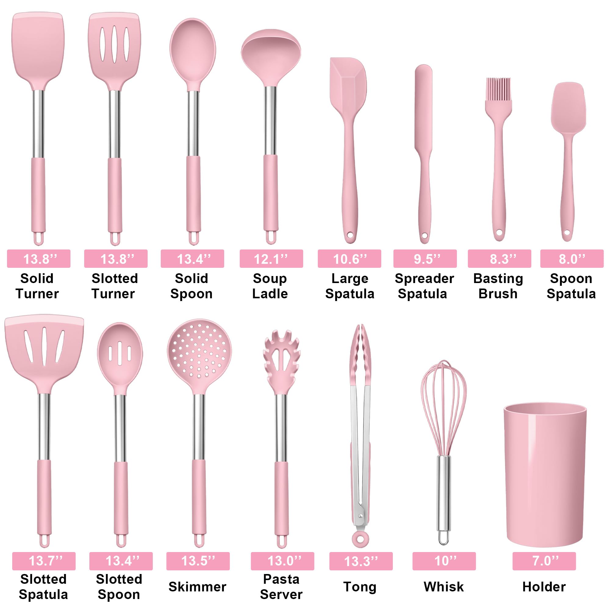 LIANYU 15-teiliges Kochutensilien-Set mit Edelstahlgriff, Silikon-Küchenhelfer mit Halter, hitzebeständiger Spatel, Löffel, Pfannenwender, Zange, Schneebesen, Bürstenwerkzeuge zum Kochen