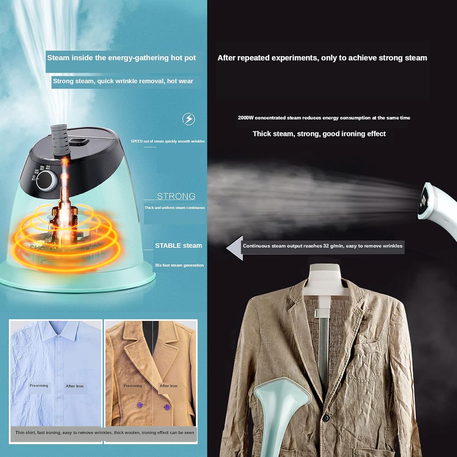 Clothes Steamer,Vertical Garment Steamer 35S Quick Wrinkle Removal 2000W Home Hanging Irons Steamer with Ironing Board and 1.6L Water Tank Continuous Ironing for 50 Min