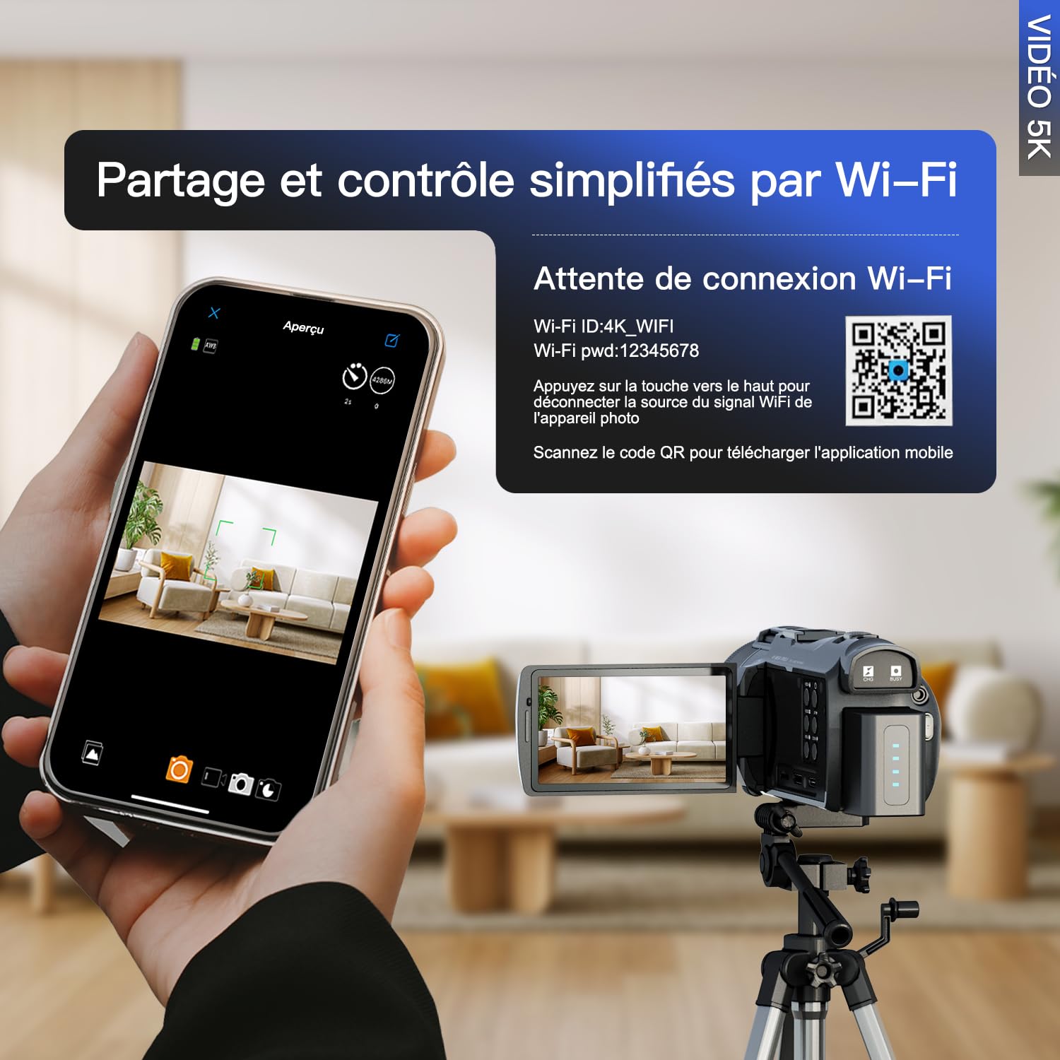 NBD Caméscope 5K 48MP F1.8 WiFi - Écran Orientable 270° & Zoom 16x - Youtube Vlogging Kit, Micro + 11 Filtres, 277g (Marron foncé)