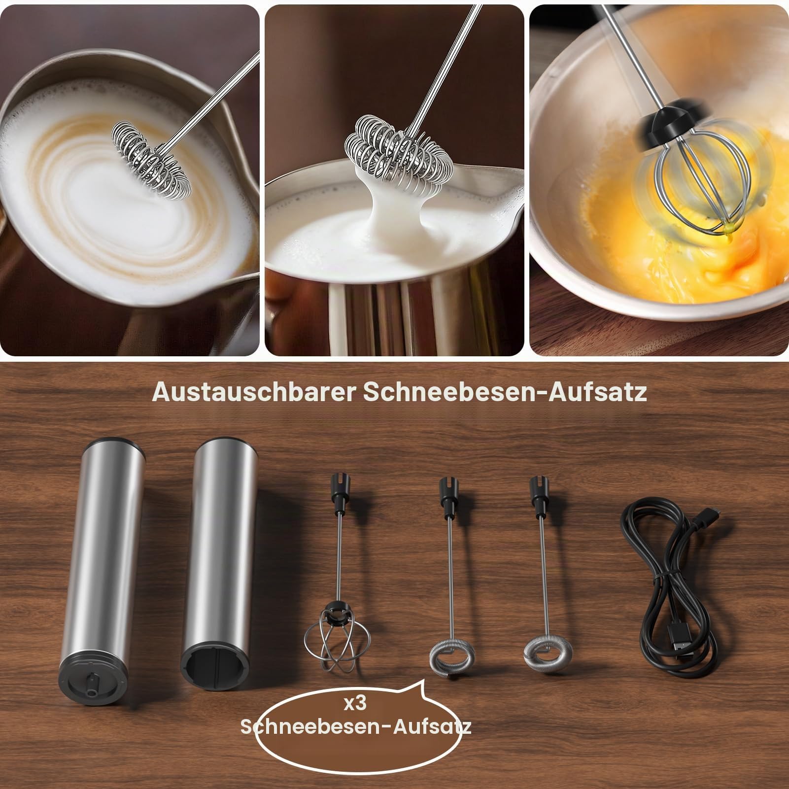 MOSUO Elektrischer Milchaufschäumer mit Doppeltem Quirl, USB-C Wiederaufladbar Milchschäumer Schneebesen, Aufschäumer für Kaffee/Latte/Cappuccino/Sahne/Macchiato/Eier Schlagen