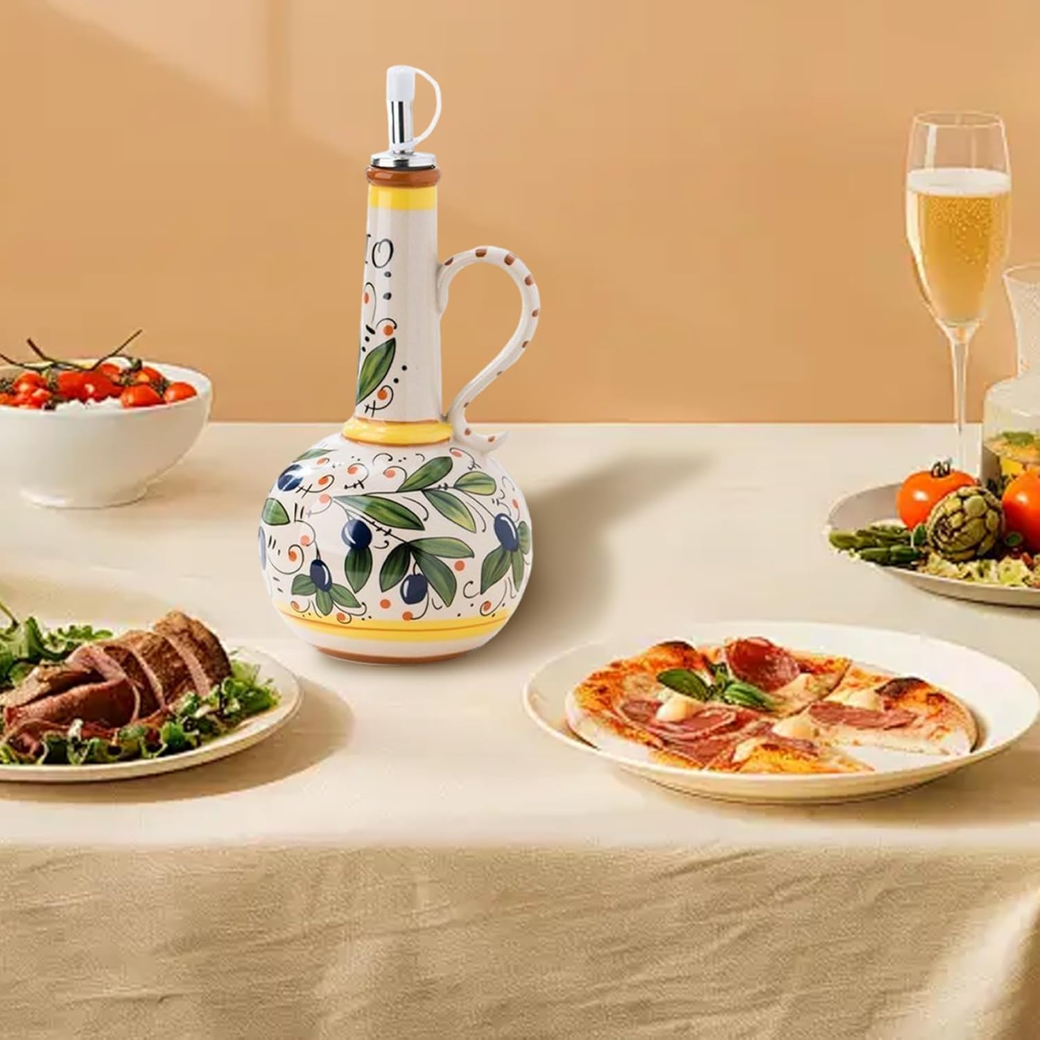 Ceramic Olive Oil Dispenser Bottle 700ml with Stainless Steel Spout and Handle for Kitchen Sauces Vinegar, Olive Oil Container