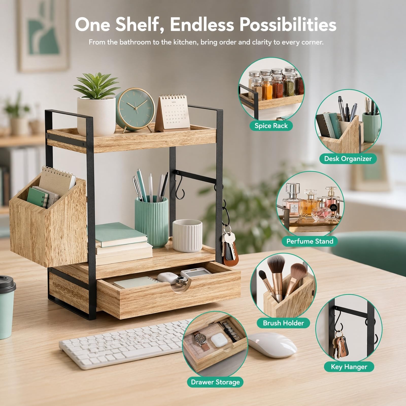 Organisateur de Salle de Bain 2 Niveaux, Étagère de Rangement en Bois et Métal avec Panier Latéral, Support Multifonction pour Cuisine, Bureau, Chambre, Range-Cosmétiques, Épices, Café, Thé