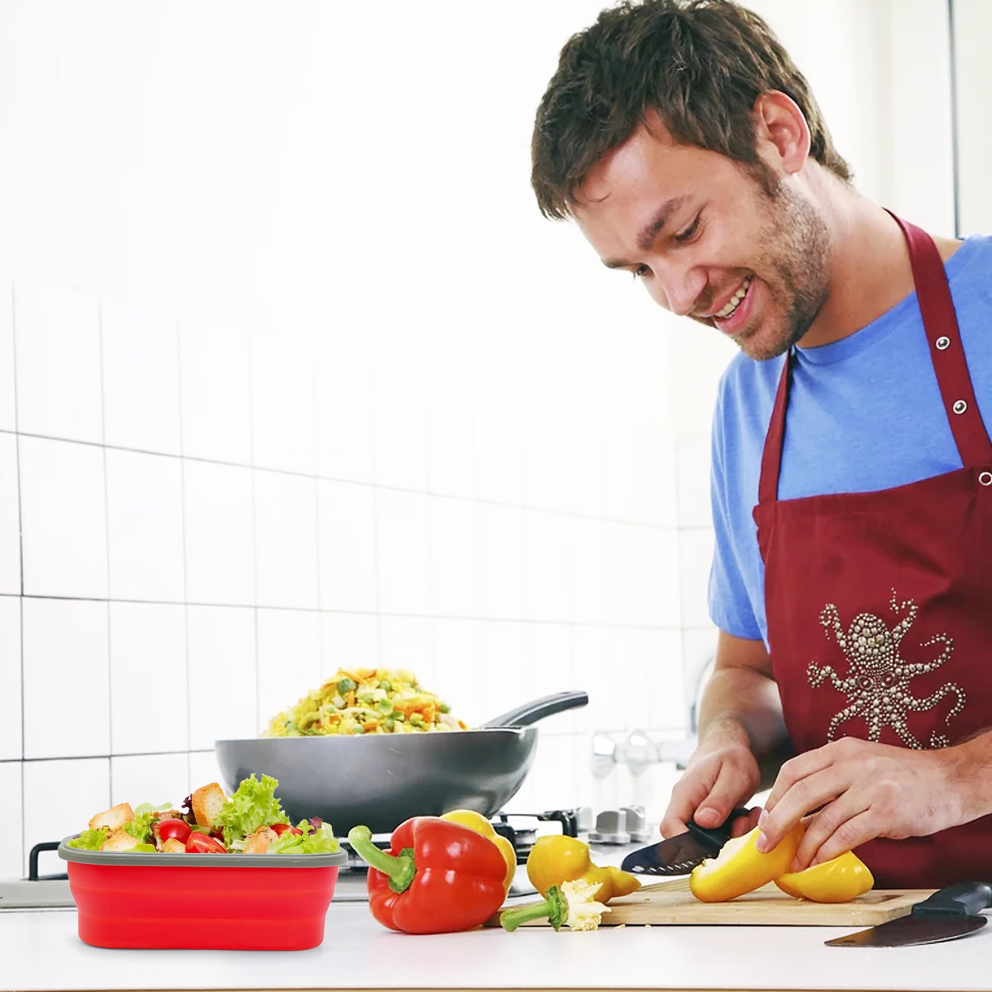 Boîte à déjeuner Bento pliable de 1 000 ml – Récipient alimentaire pliable en silicone avec cuillère 2 en 1 cuillère-fourchette et couvercle hermétique, passe au micro-ondes, rouge
