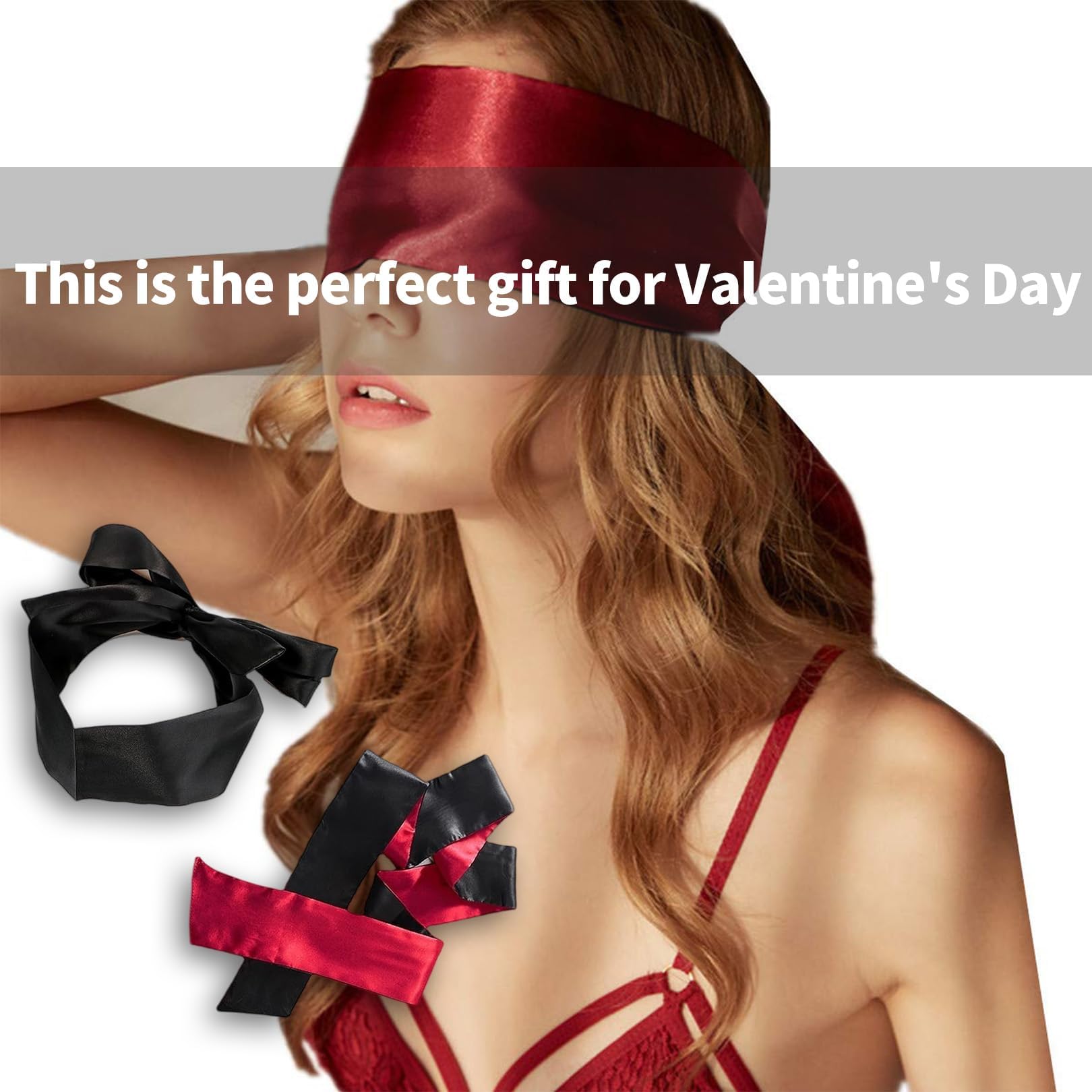 Set di 2 bendaggi per adulti, morbidi e confortevoli, per coppie, regolabili, in raso, per adulti, regalo per San Valentino, viaggi, meditazione (nero rosso)