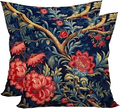 Mousus Set of 2 Decorative Throw Pillow Covers, Navy Blue Floral Botanical Burgundy Gold Olive Cushion Covers Pillow Case for Home Office Sofa Decor, Square 16 X 16 Inch