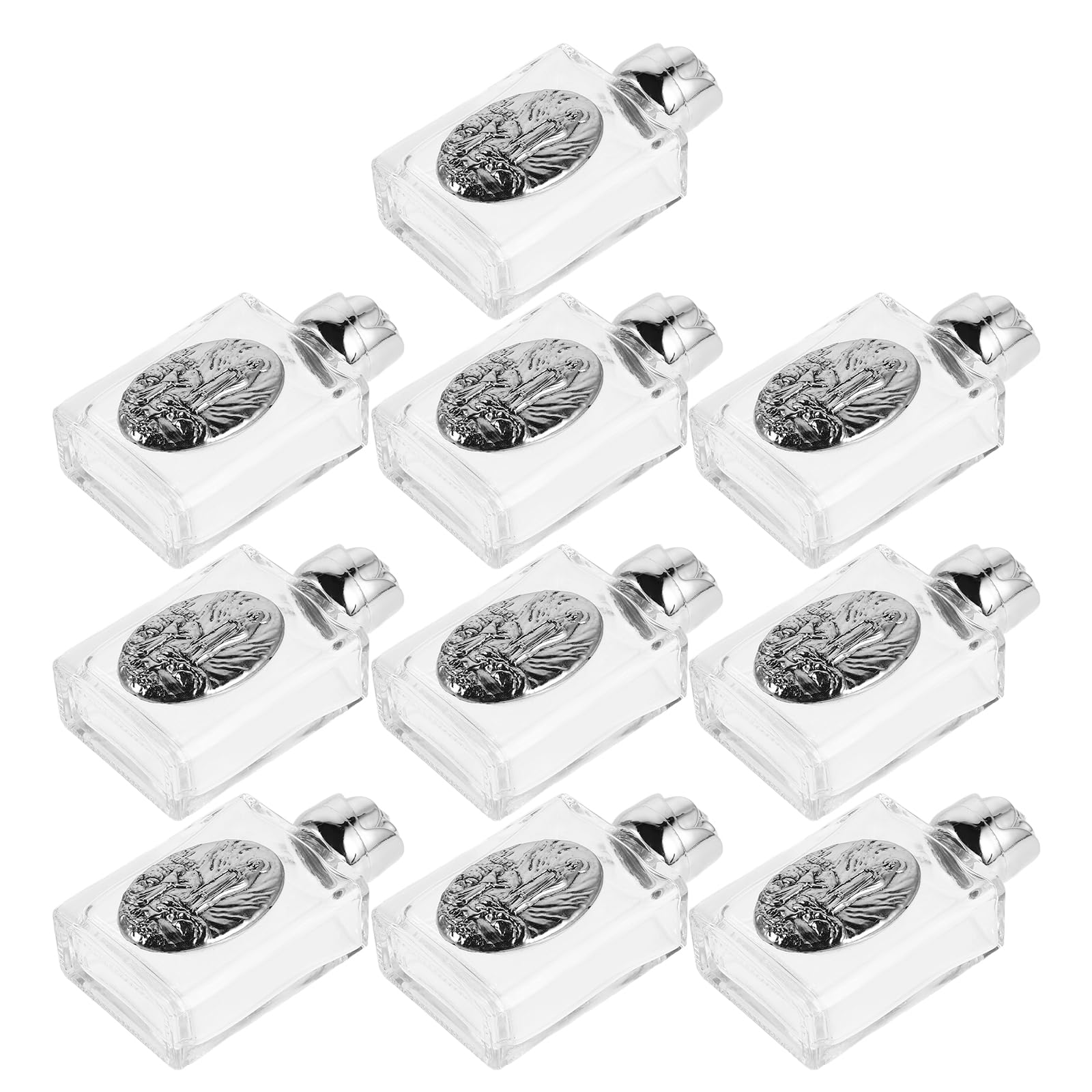 BESPORTBLE 10 Bottigliette Vuote per Acqua Santa da Viaggio in Lega 15 Ml Rilievo Argentato, Contenitori Cristiani Portatili per Cerimonie, Matrimoni e Battesimi