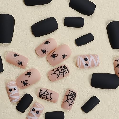 Miniatura 95 de Uñas postizas a presión de Halloween, cuadradas, medianas, con diseños de telaraña, parches coloridos, punta francesa, uñas acrílicas, uñas