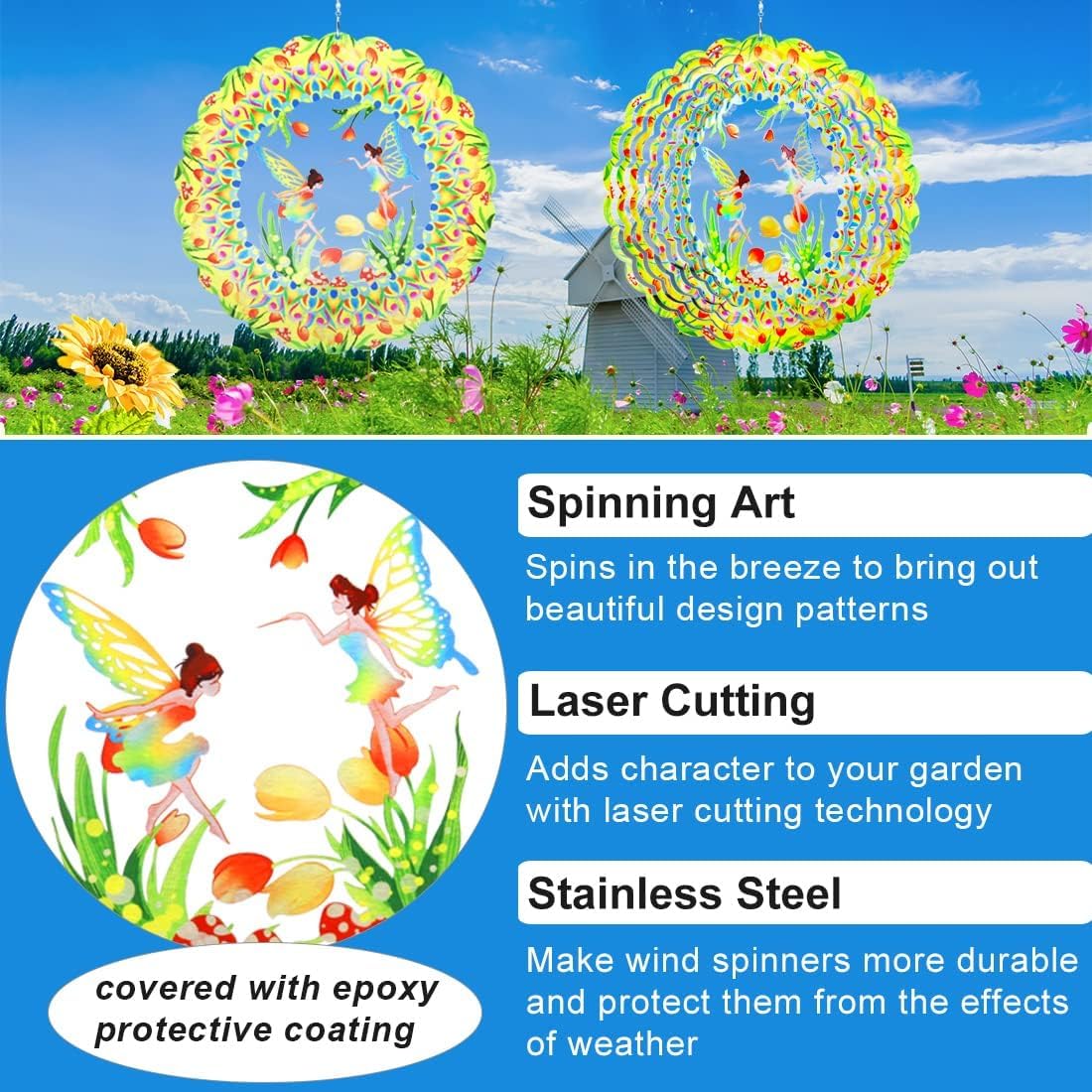Wind Spinner Fairy Flower Hanging, 12In Stainless Steel Spinfinity Wind Spinner, Wind Chimes for Outside, 3D Kinetic Sculpture Suncatcher, Metal Yard Art Ornament, Outdoor Garden Decor, Nana Gifts