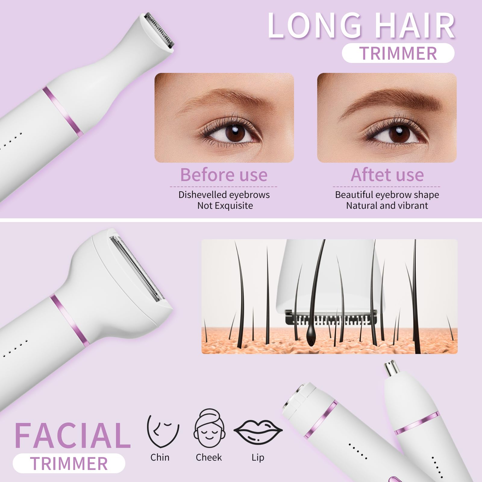 Maquinilla de afeitar eléctrica 5 en 1 para mujer, recortadora de bikini húmeda y seca y removedor de vello facial, maquinillas de afeitar de cejas, recortadora de vello de nariz, kit de depilación
