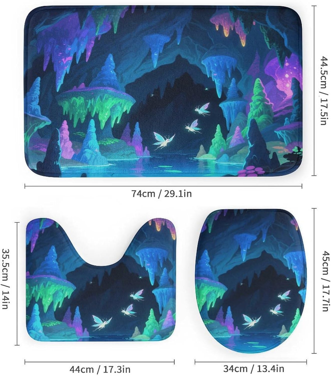 Fluorescent Cave Bath Rug Set 4 Piece,Bathroom Accessories Set-Toilet Rugs U Shaped,Toilet Lid Cover,Shower Curtain and Rugs,Ultra Soft, Absorbent,Home Decor