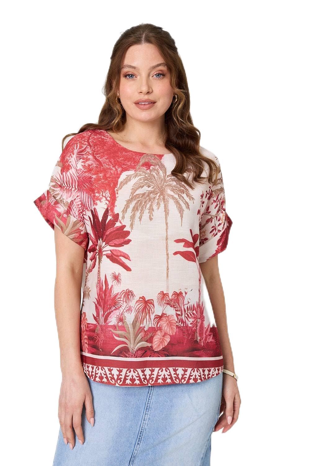 Izabel London Women's Red Tropical Print 1/2 Sleeve Relaxed Top In Large