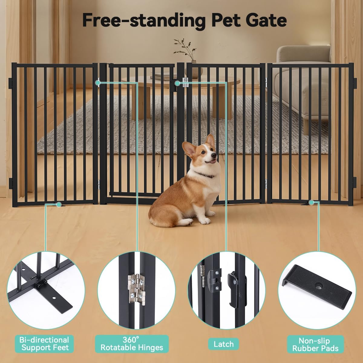 COMOMY 80" Free Standing Dog Gate with Door, Foldable Dog Fence for Indoor & Outdoor, 4 Metal Panels, Extra Wide Pet Gate for Stairs, Hallways, Doorways, Deck, Yard(32" Tall, Black)