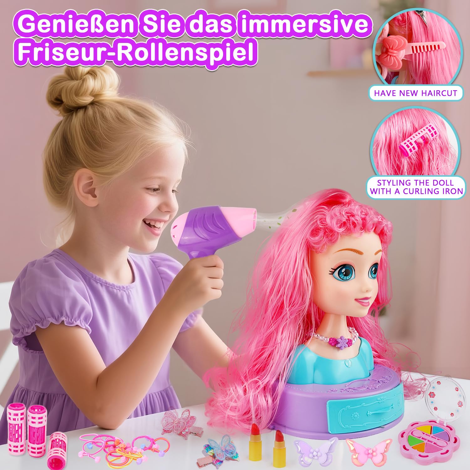 4 in 1 Doll Head for Hair Styling Kids 9 pollici, 41 pezzi Hair Salon Toys Kit Princess Accessories Pretend Play Toys Birthday Gifts for 3-8 anni Old Girls