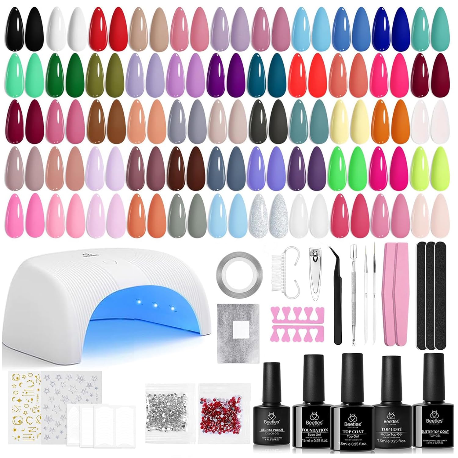 Beetles Gel Nail Polish Kit with U V Light 80Pcs Enchantment 55 Colours Gel Polish Starter Kit with Base Top Coat Nail Art Stickers Manicure Tools Gift for Women
