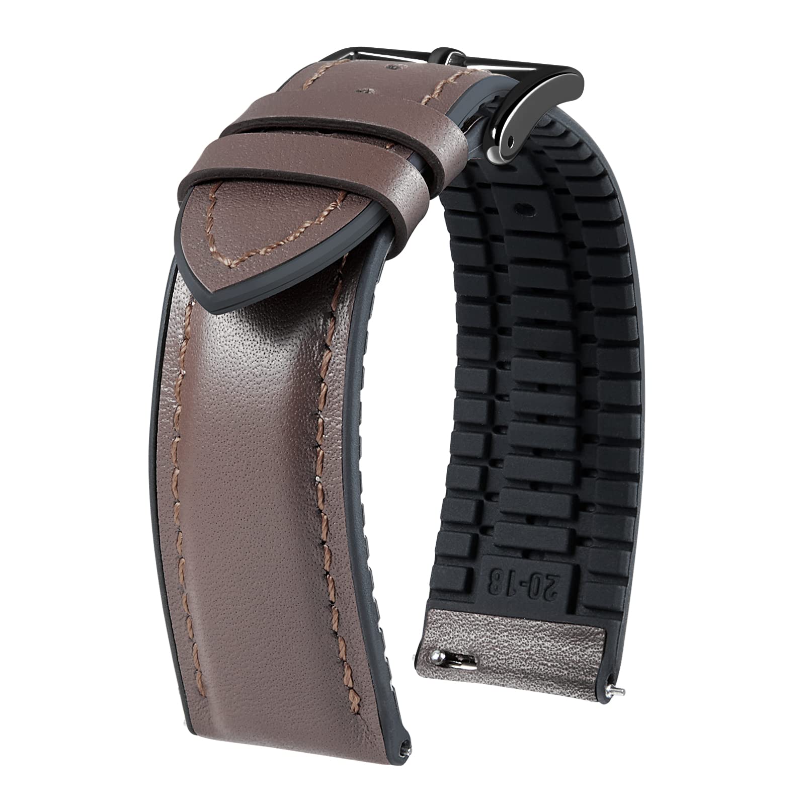 BINLUN Leder Silikon Uhrenarmbänder 14mm 16mm 18mm 19mm 20mm 21mm 22mm Schnellverschluss Hybrid Gummi Lederarmband für Smartwatches 6 Farben Herren Damen（Braun,20mm,Schwarze Schnalle