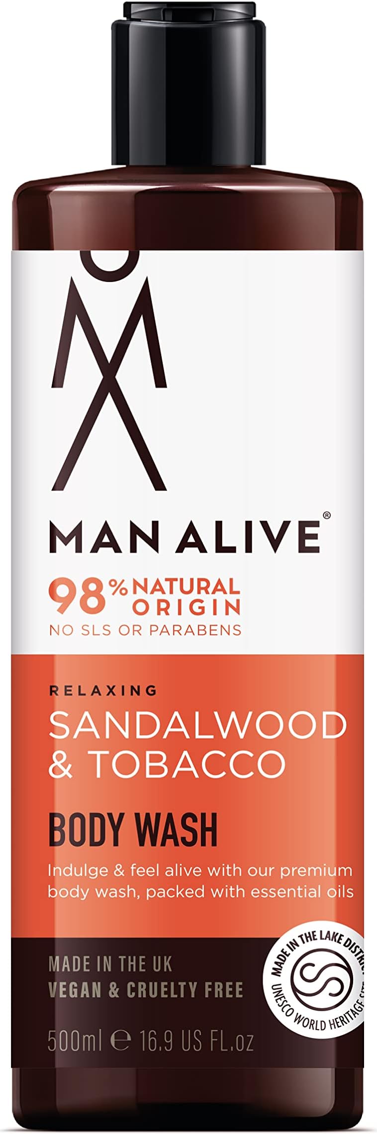 MAN ALIVE Shower Gel for men, 500ml mens body wash & face wash contains a masculine scent, Vegan, SLS Free & sulfate free formula. ideal mens grooming gifts for men (Sandalwood & Tobacco, Single)
