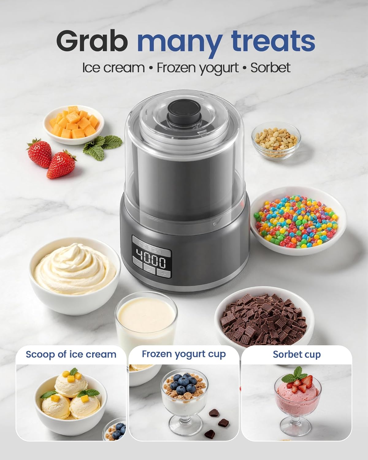 Countertop Ice Cream Maker Machine (2.1 Qt), Commercial Sorbet and Frozen Yogurt, Powerful Bottom Mix Motor with Digital Timer & Fast Cooling Aluminum Pot, Visible Feeding Port (Ash Gray)