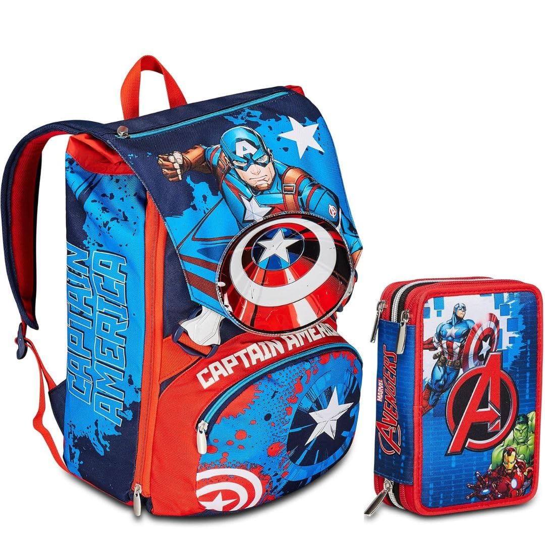 Seven Zaino Scuola Estensibile con Astuccio 3 Zip, Doppio Scomparto, Tasca Porta Borraccia, Blu e Rosso