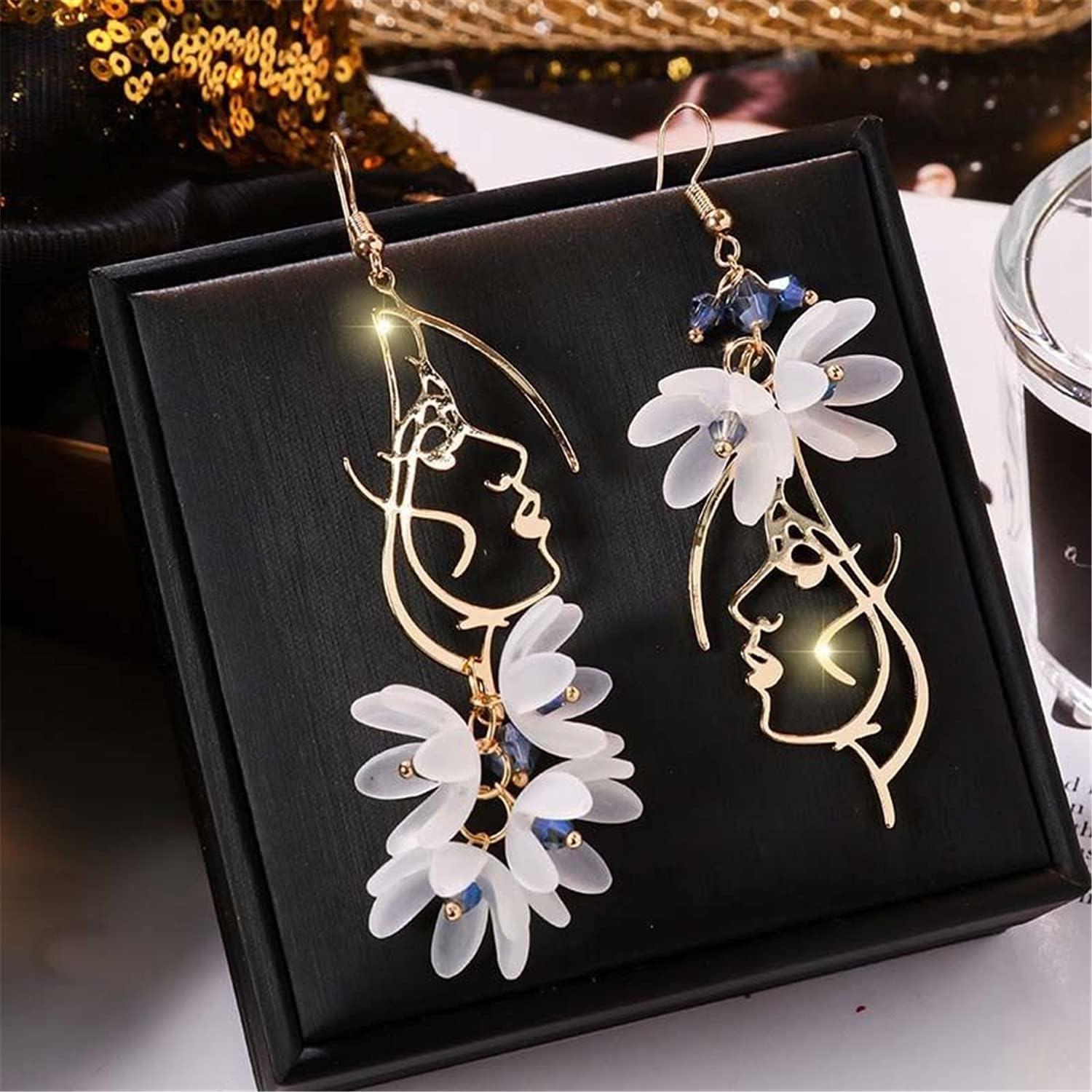 Unique Handmade 14k Gold Asymmetry Human Face White Flower Dangle drop Earrings Bohemian Resin Flower Petal Stud Earrings for Women Statement Jewelry Gifts - Image 4