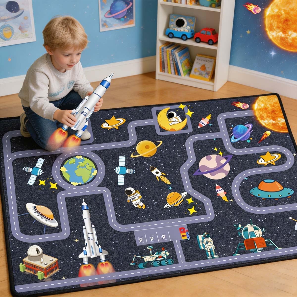 Outer Space Kid Rug，Boys Car Rug for Kids Toy Cars Have Fun Safely, Non-Slip Educational City Road Rugs Carpets for Kid Room Bedroom（47×31 in