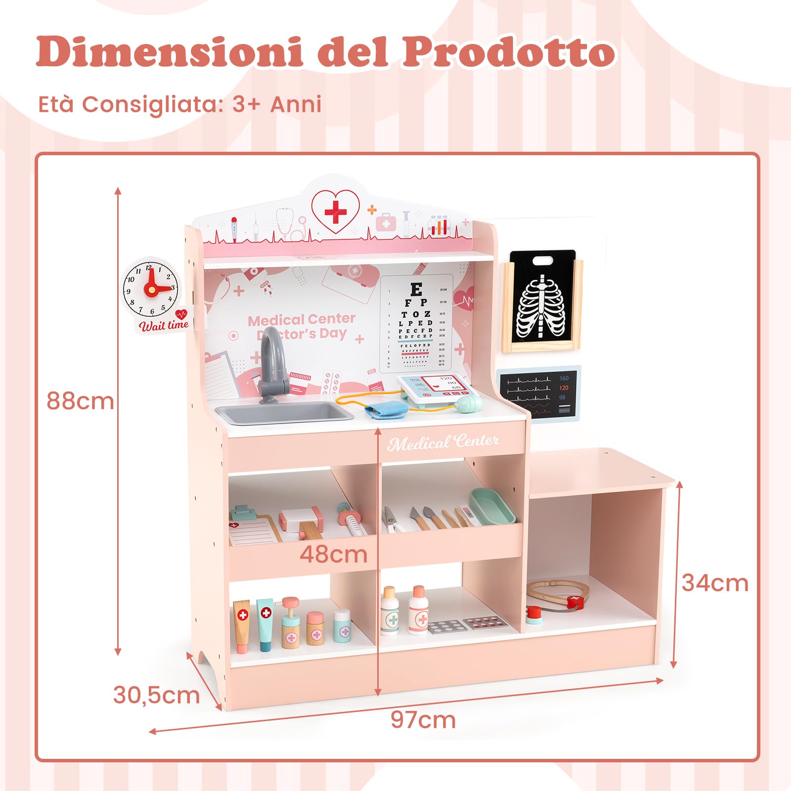 GYMAX Set da Gioco Medico in Legno, Gioco di Ruolo Medico con Stetoscopio, Monitor ECG, Pellicola a Raggi X, Monitor di Pressione Sanguigna, Area d'Esame, 24 Accessori (Rosa)