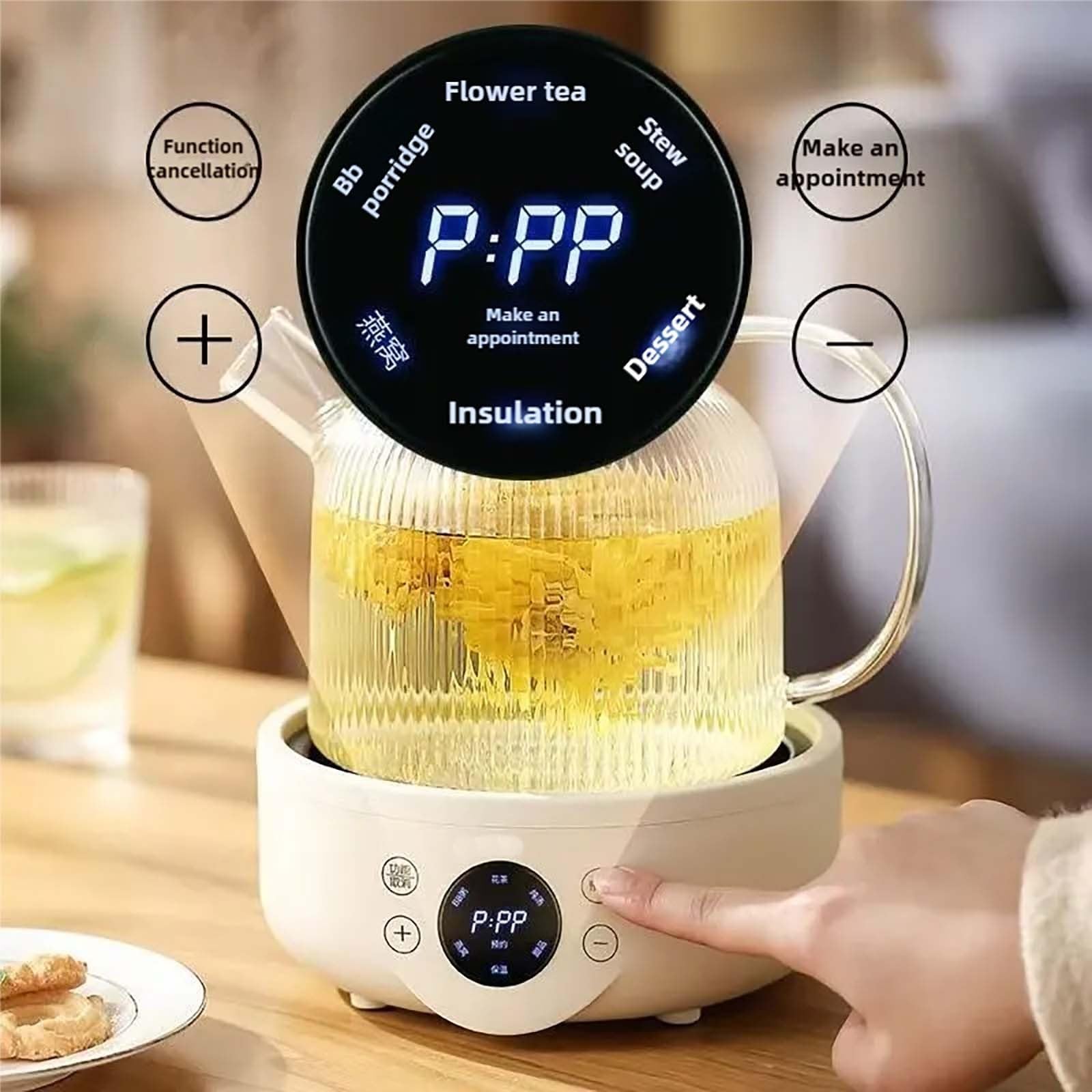 Théière électrique 6 fonctions, réservation 12h, chauffage à 360° pour une infusion parfaite