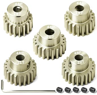 5Pcs 48P Aluminum Alloy Pinion Gear Set 3.175mm 18T 19T 20T 21T 22T Motor Pinion Gear W/ M4 Screw and Hex Key, Fit 3.175mm 1/8-Inch Shaft, for Arrma HPI Kyosho Losi Axial Traxxas Tamiya 1/10 RC Car