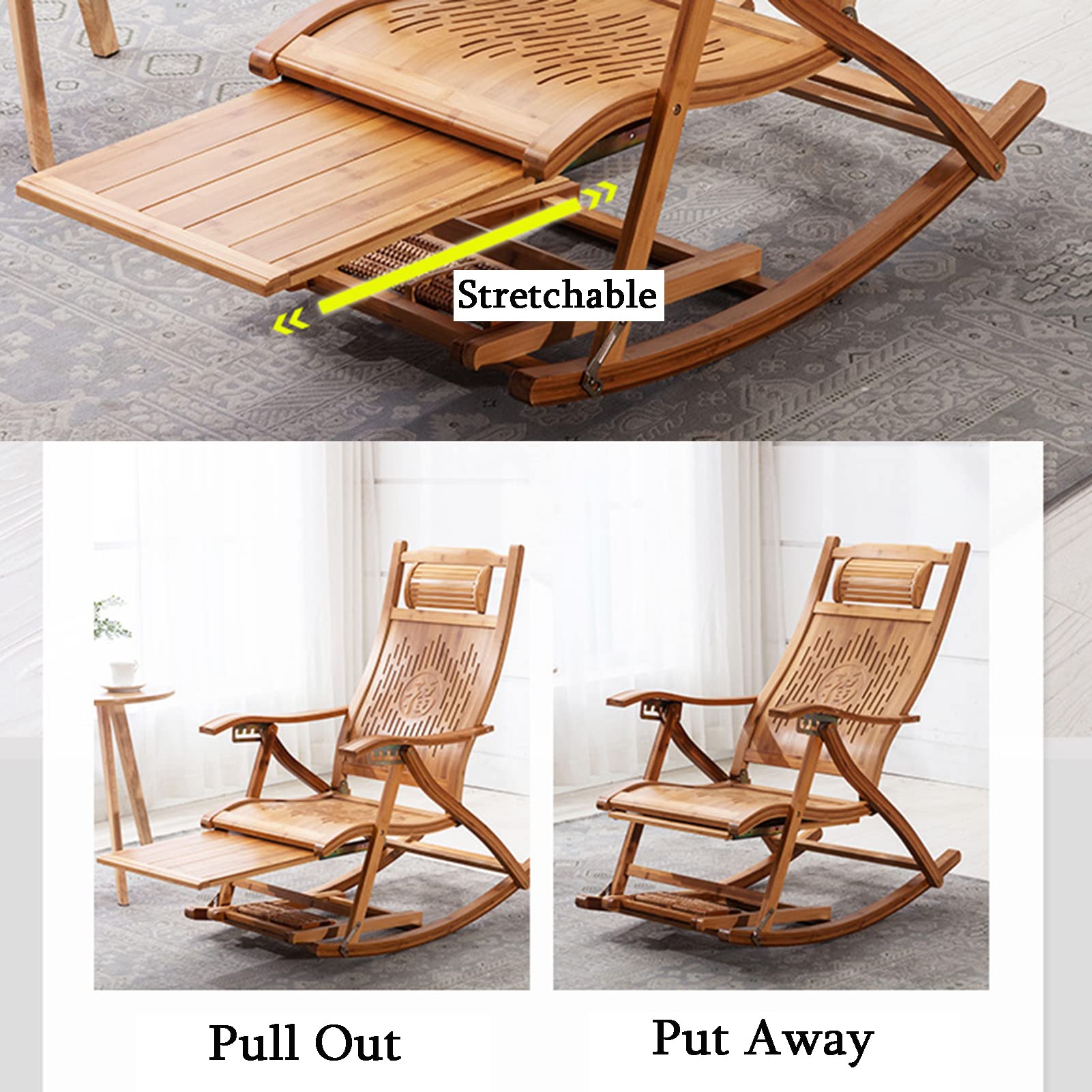 Bambus-Liegestuhl, klappbarer Lounge-Sessel, Relax-Schaukelstuhl mit  dehnbarer Fusttze, Sonnenliege im Freien, Holz-Liegestuhl fr den ...