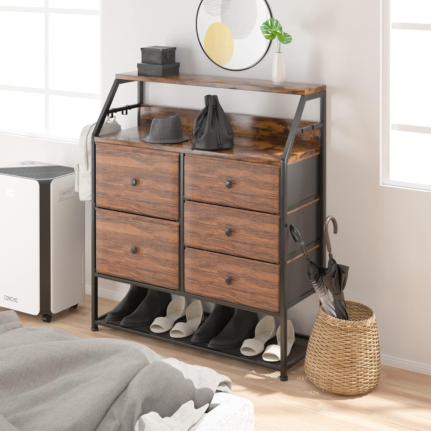 Dripex Commode en Tissu avec 5 tiroirs, Meuble de Rangement avec Dessus en Bois et étagère à Chaussures, Cadre en Métal, pour Salon, Chambre, Couloir, Marron Rustique et Noir Gris Vintage+Noir