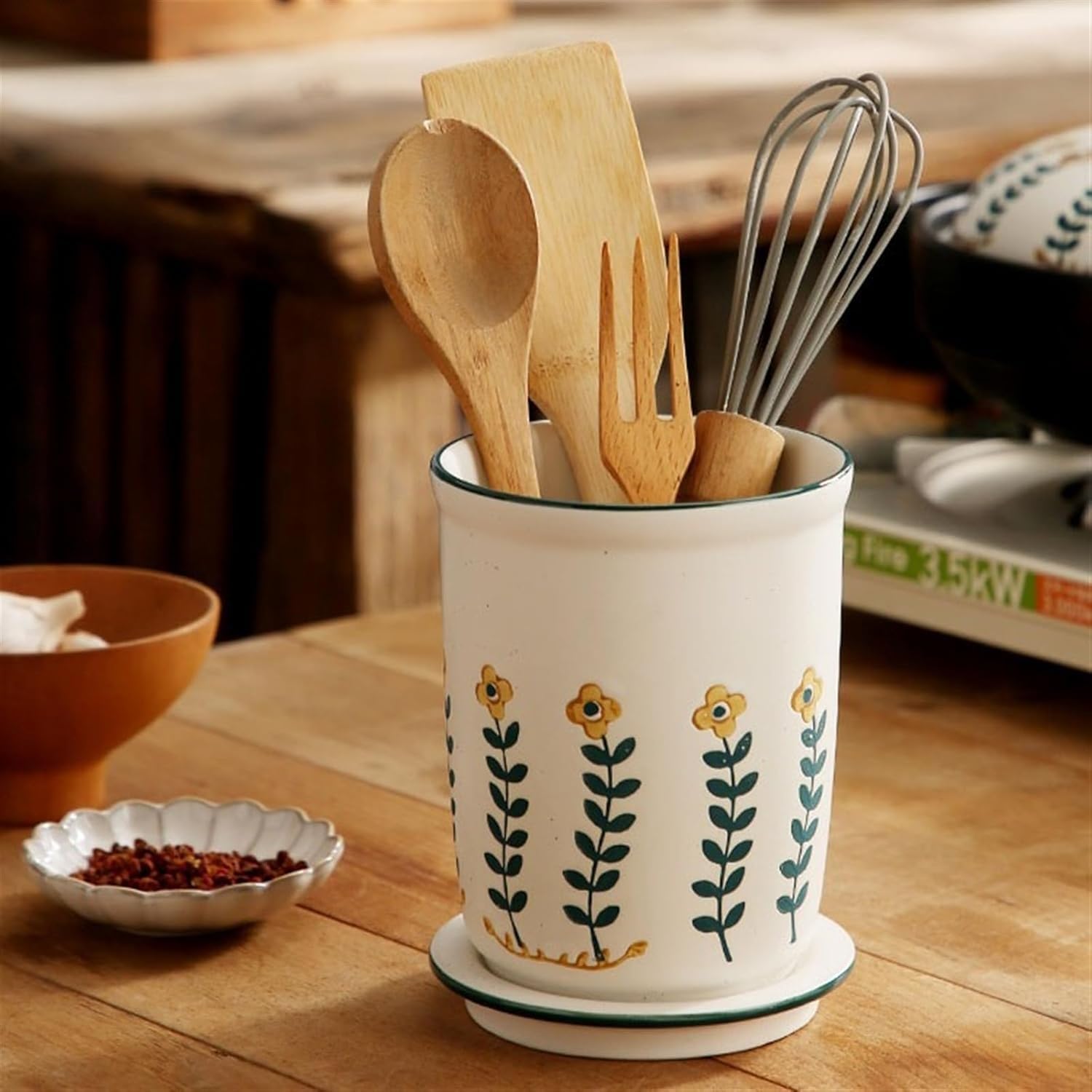Ceramiczny uchwyt na sztućce, ręcznie malowany ociekacz na przybory i garnek kuchenny, stylowy pojemnik do gotowania z tacą odpływową do łatwego suszenia, organizer na blat