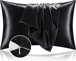 BEDELITE Satin Pillowcase with Zipper, Black King Size Pillow Cases Set of 2, Super Soft and Cooling Similar to Silk Pillow Cases, Gift for Women Men(20x40 Inches)